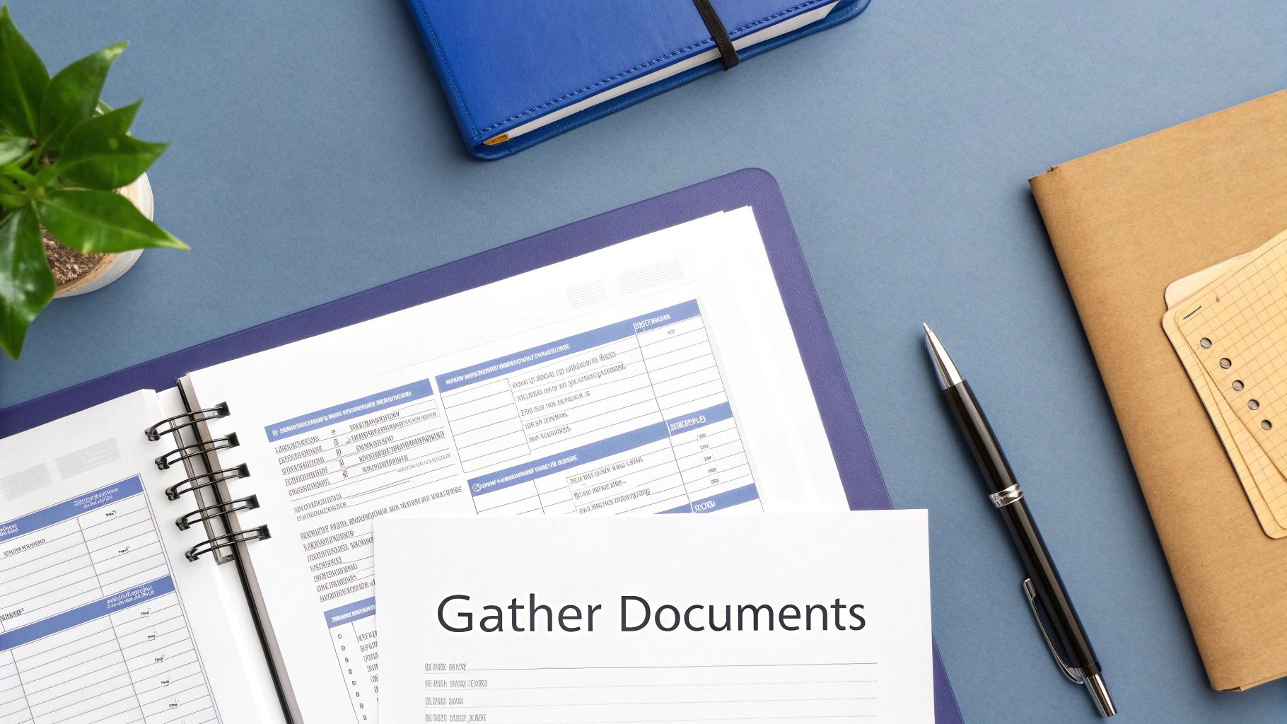 A top-down view of a desk with an open binder, a blue notebook, pen, and 'Gather Documents' on a paper.