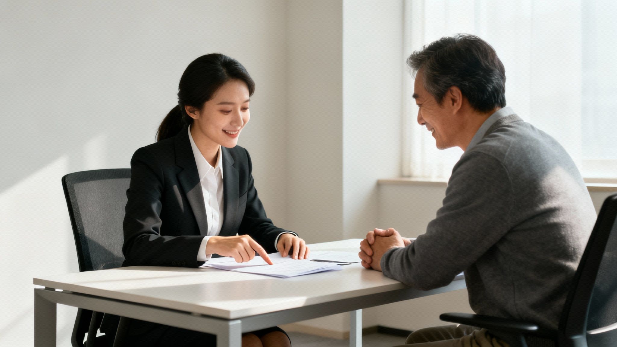 Smiling businesswoman explains documents to an older man in a bright office meeting.