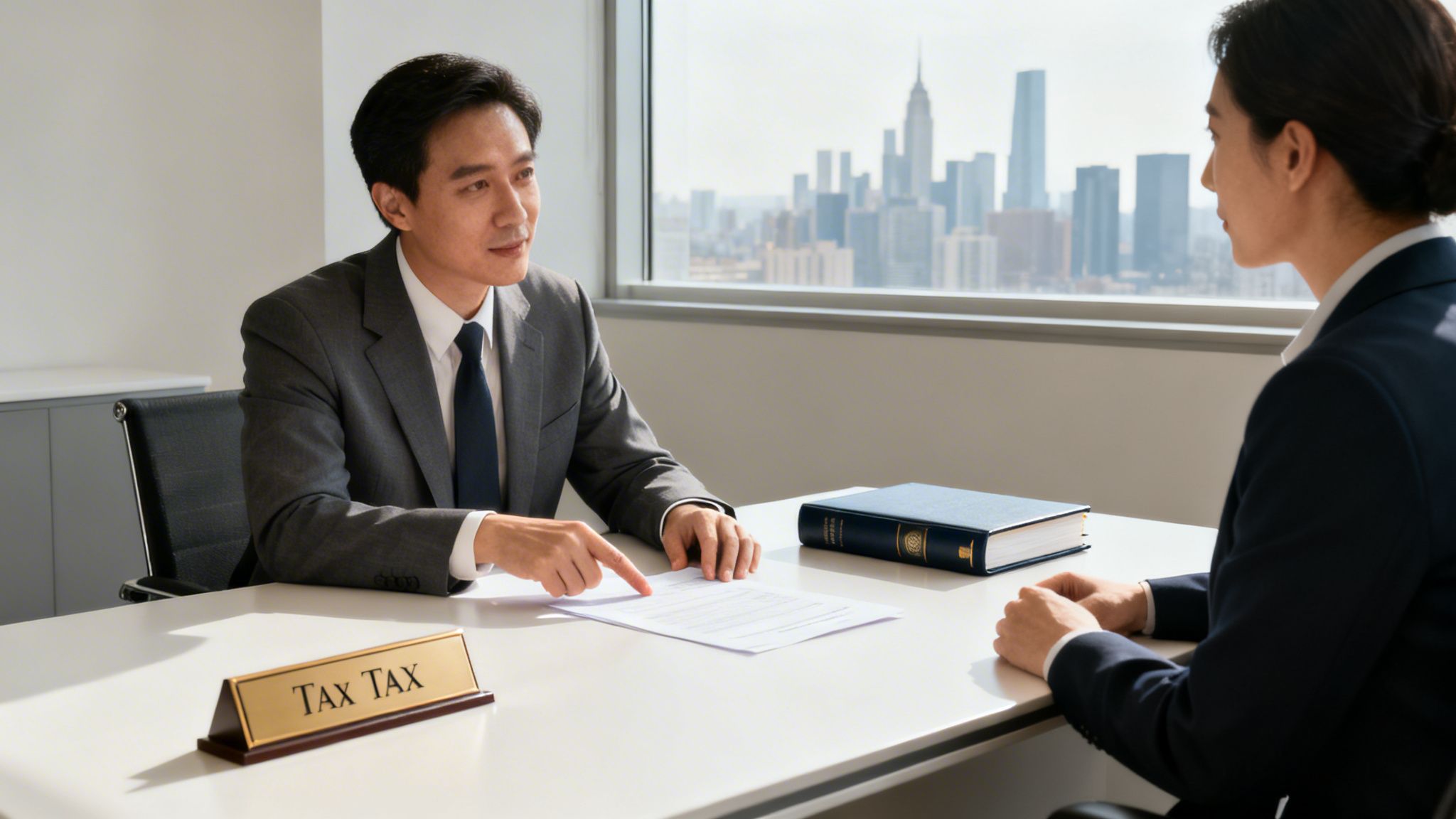 A male tax advisor points to a document while discussing with a female client in an office with a city view.