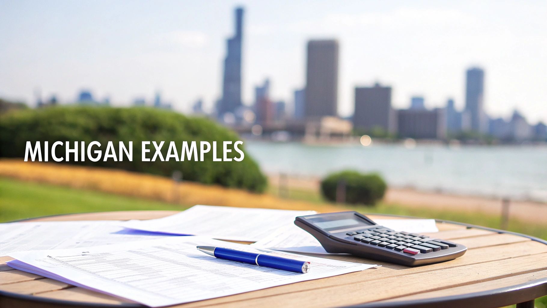 Papers, a pen, and a calculator on an outdoor table with a city skyline, displaying 'MICHIGAN EXAMPLES'.