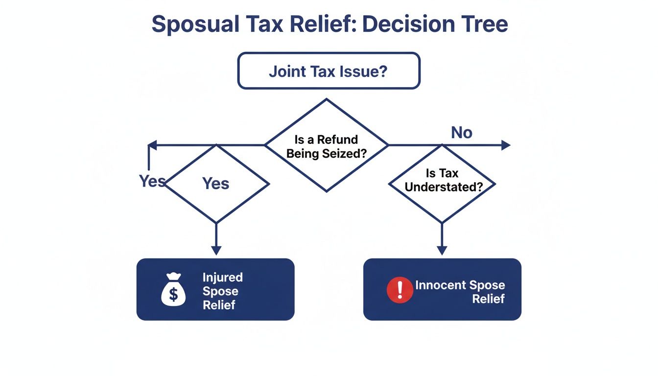 Decision tree flowchart for spousal tax relief, illustrating paths to injured spouse or innocent spouse relief.