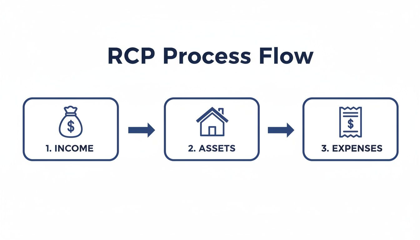 A process flow diagram illustrating three financial steps: Income, Assets, and Expenses, for RCP.