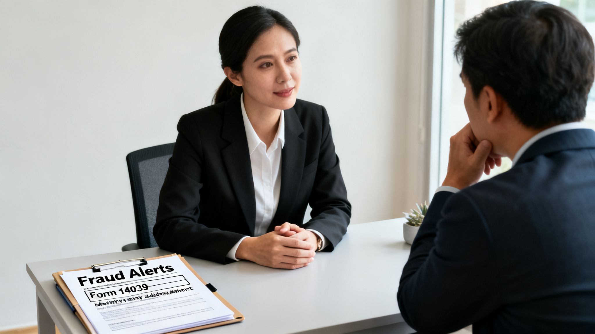 A female professional discusses fraud alerts and IRS Form 14039 with a male client.