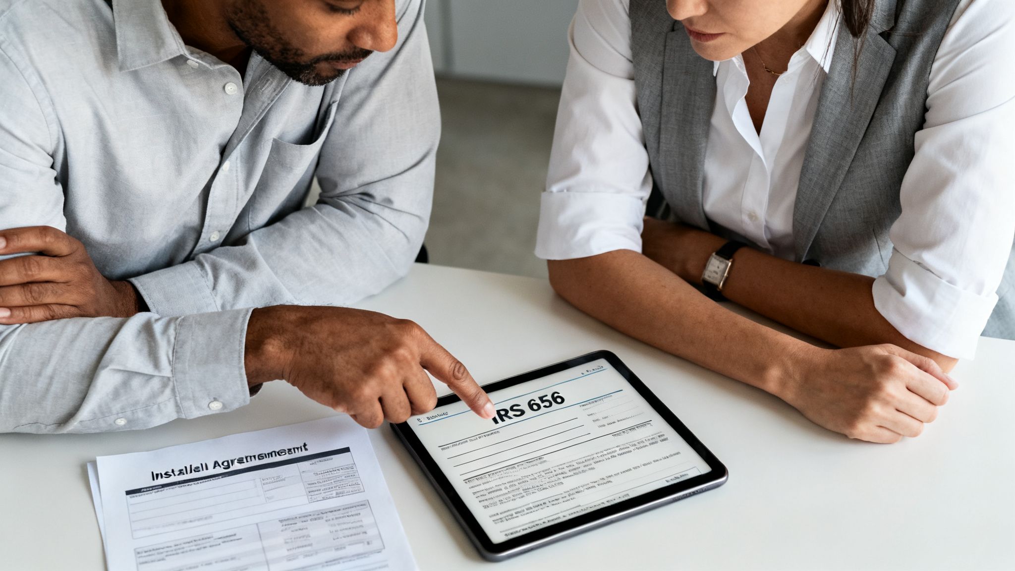 Two people discuss tax forms on a tablet displaying IRS 656 and an installment agreement document.