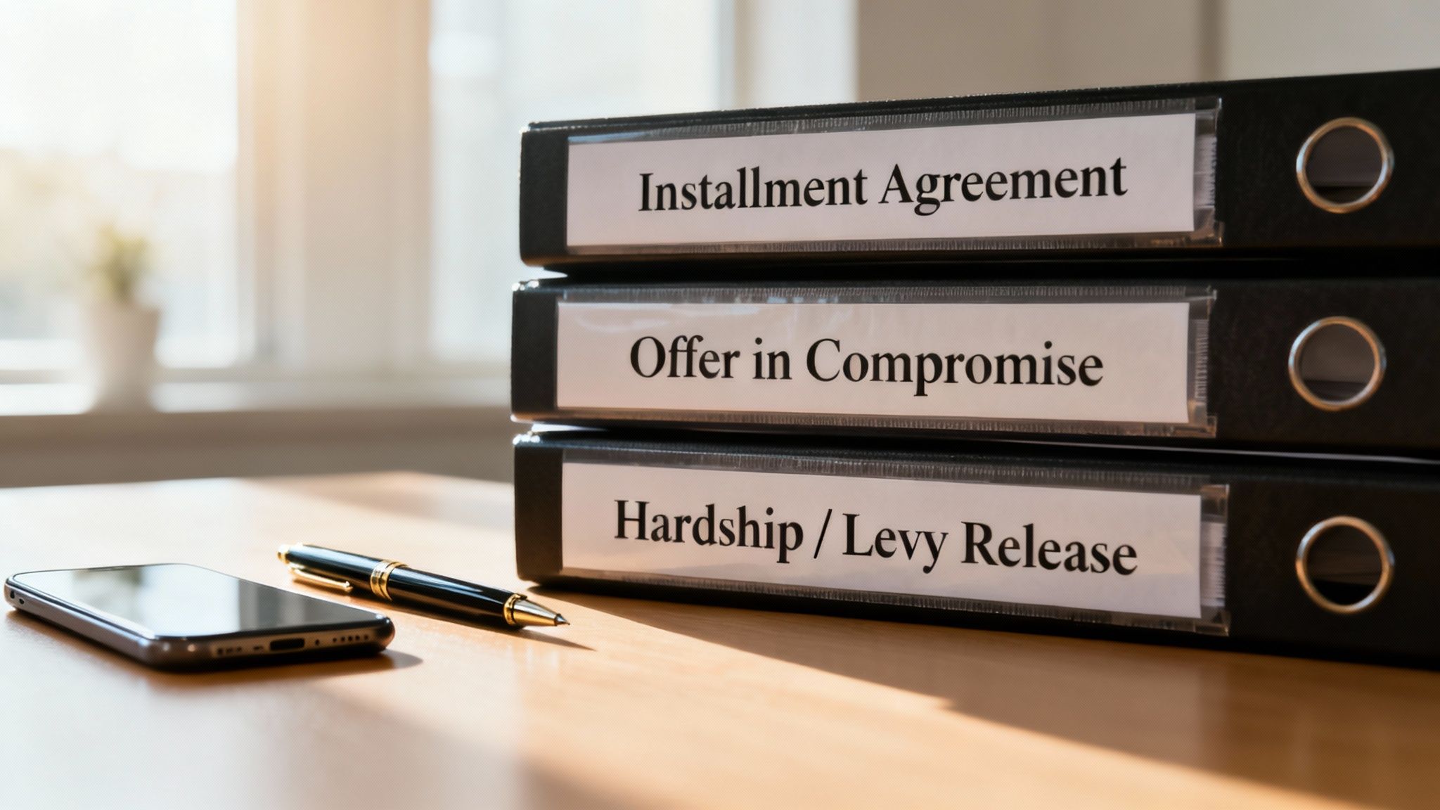 Stack of binders labeled 'Installment Agreement', 'Offer in Compromise', and 'Hardship / Levy Release' on a desk.