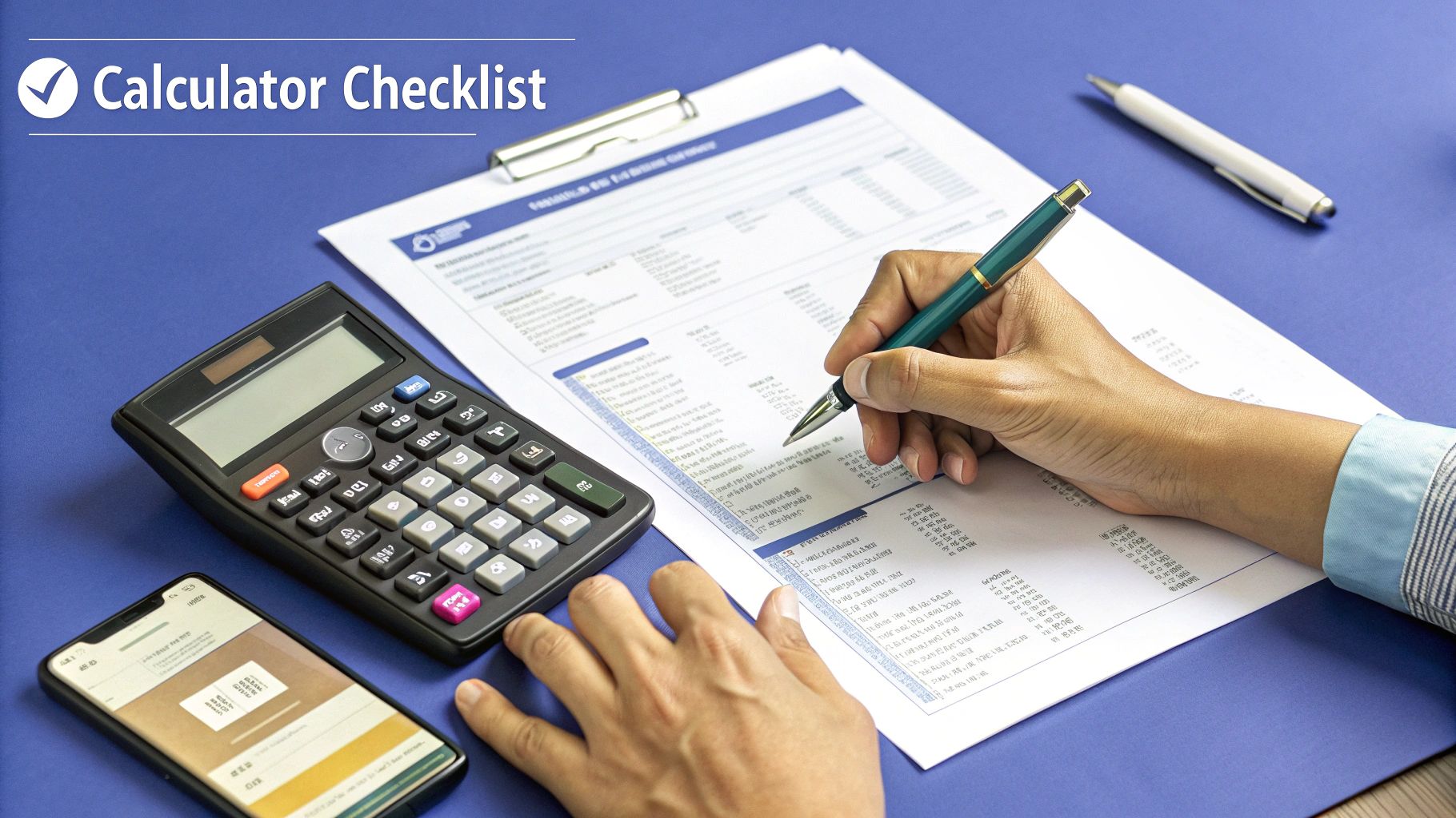 Person calculating financial data with a calculator, pen, and document on a blue desk.