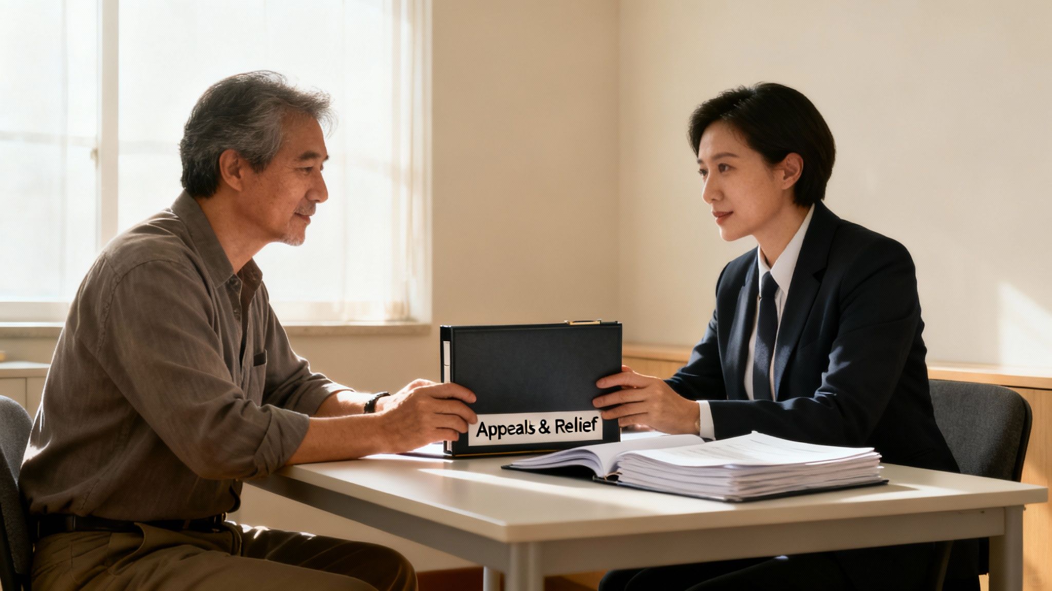 An elderly man and a professional woman discussing a folder labeled 'Appeals & Relief'.