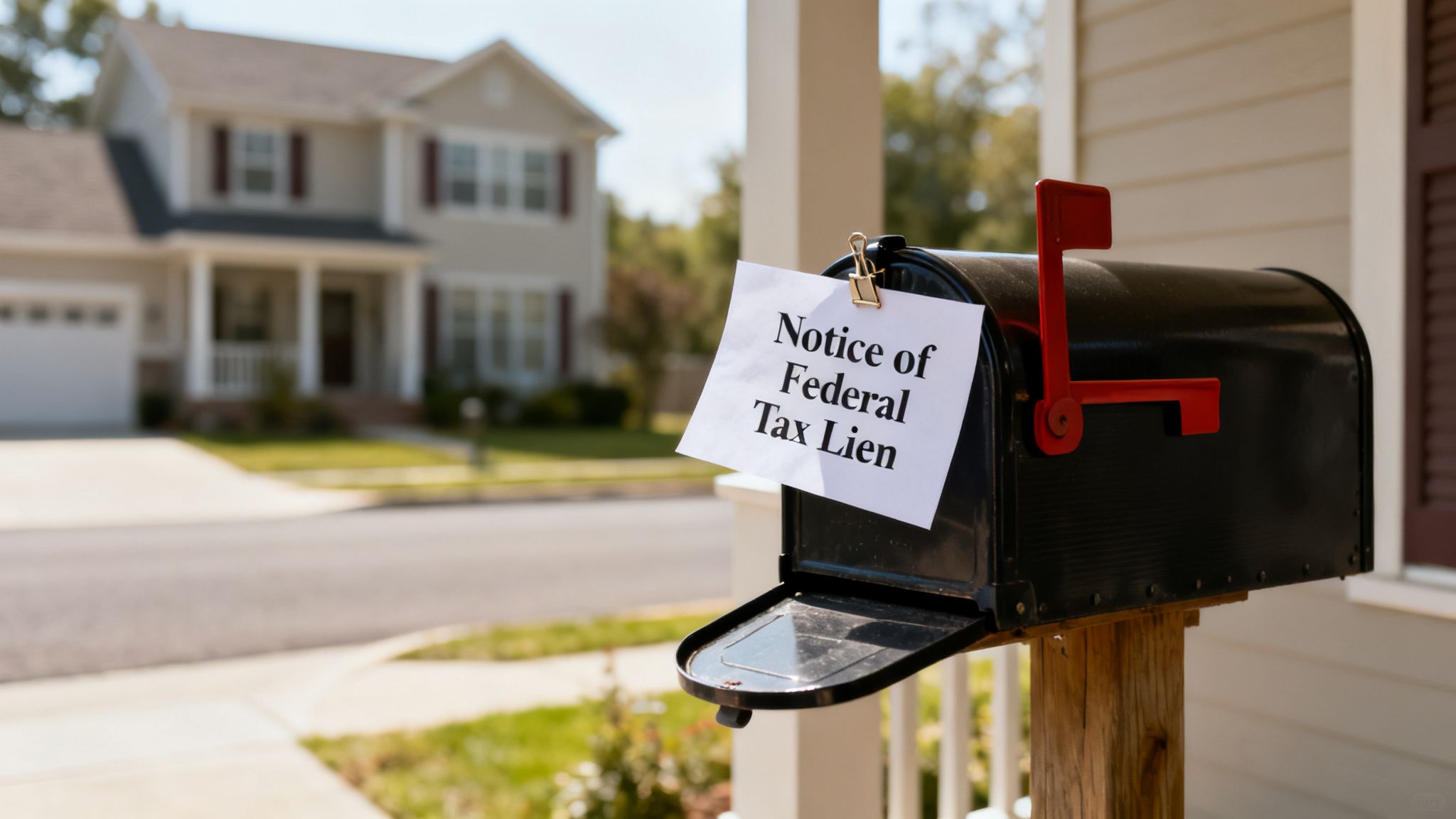 A residential mailbox with a 'Notice of Federal Tax Lien' document clipped to its side, a house in background.