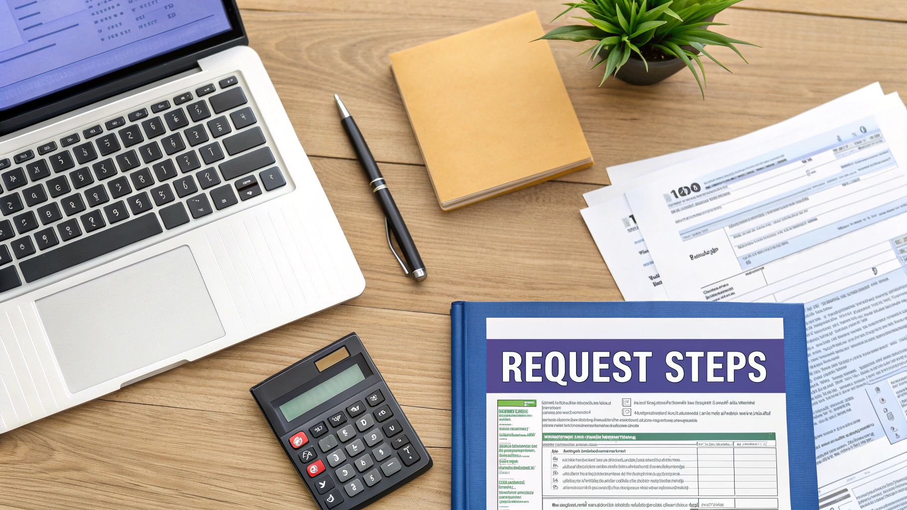 Overhead shot of a wooden desk with a laptop, calculator, tax forms, pen, and 'REQUEST STEPS' folder.