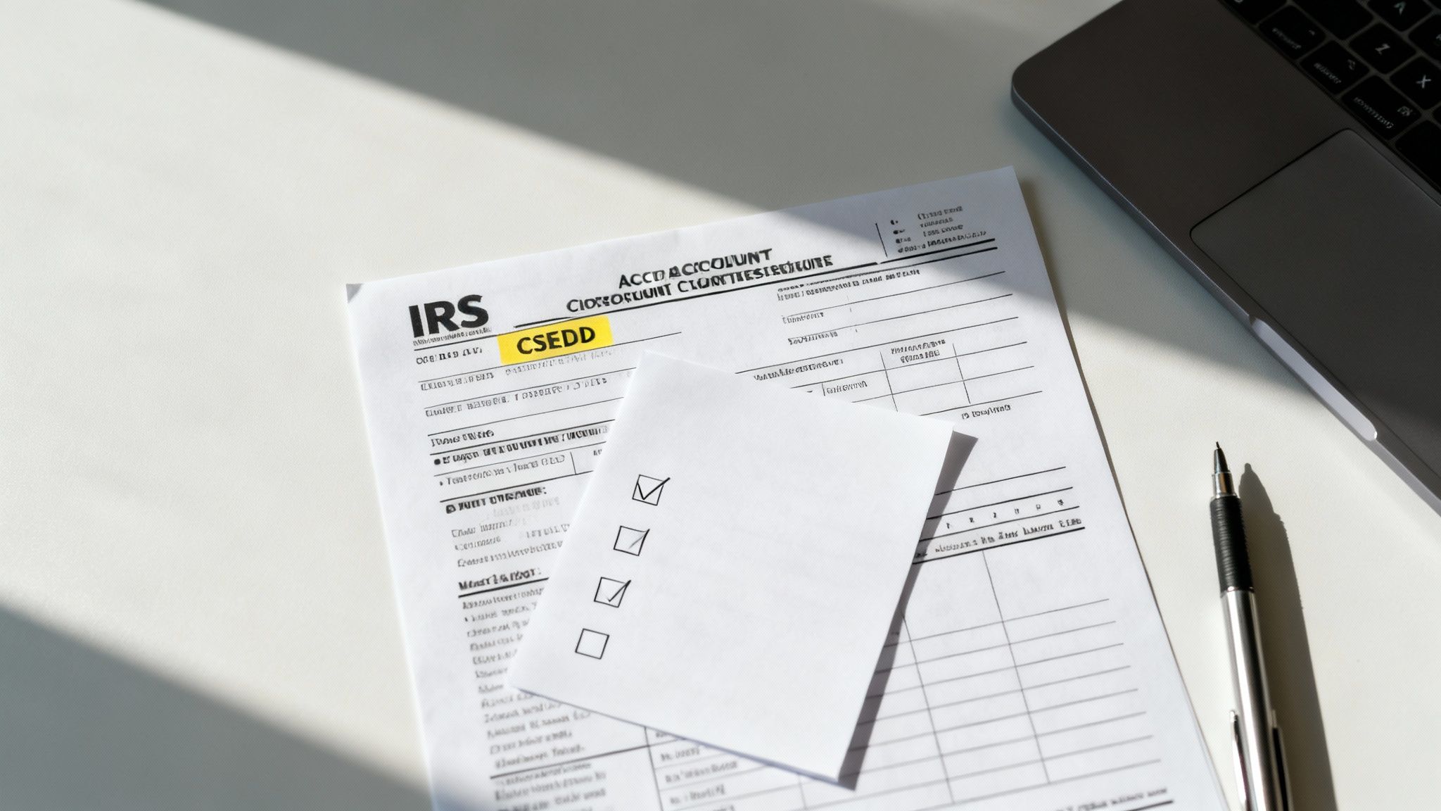 A desk with an IRS tax form, a checklist, a pen, and a laptop, suggesting tax preparation.