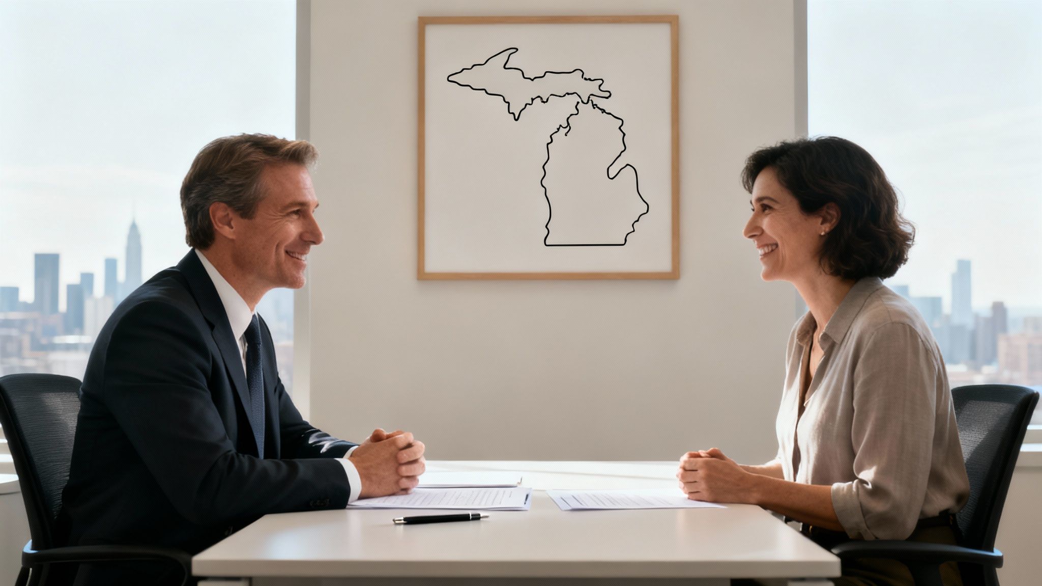 Smiling man and woman in a business meeting with city view and Michigan map in the background.