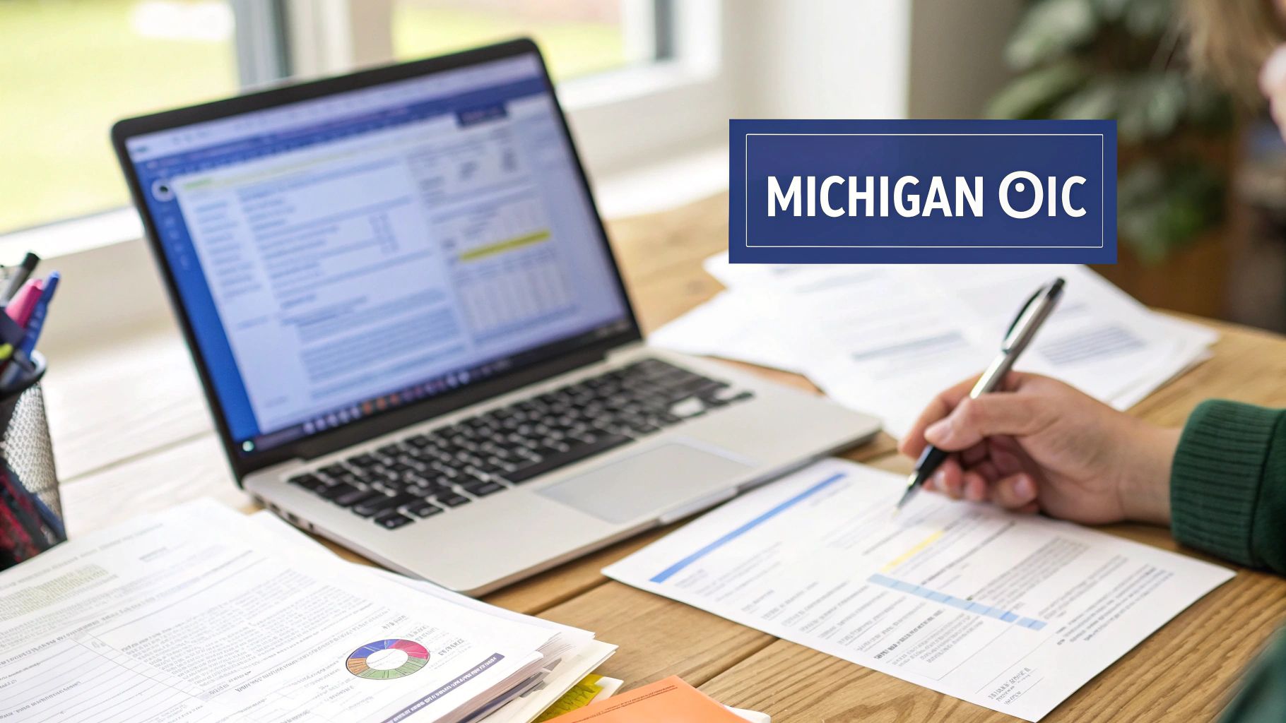 Person writing on documents at a desk with an open laptop, 'MICHIGAN OIC' overlaid.