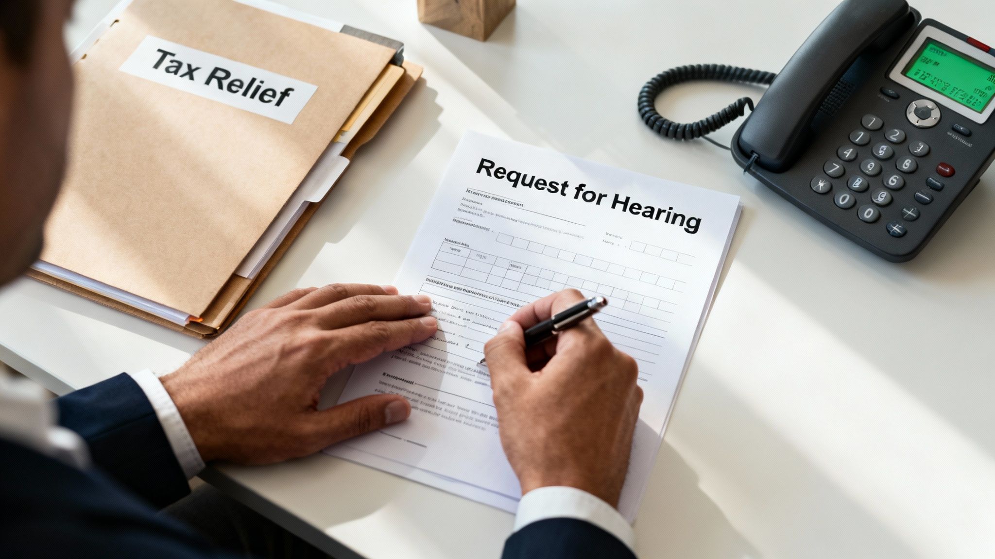 A person fills out a 'Request for Hearing' form next to a 'Tax Relief' folder and a phone.