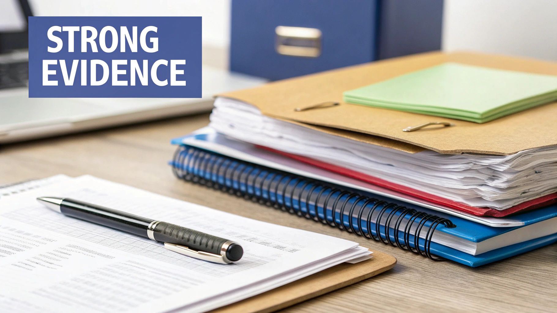 A desk with stacked legal documents, folders, a pen, and a banner saying 'STRONG EVIDENCE'.