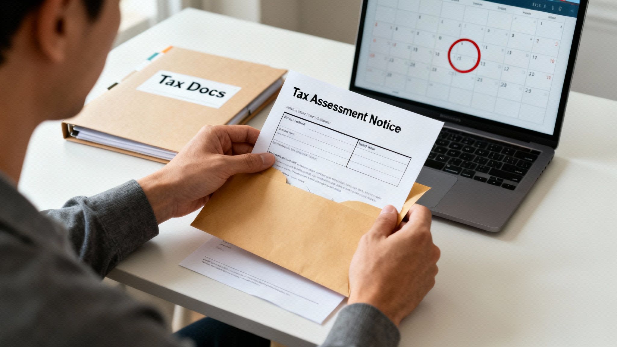 Person opening a 'Tax Assessment Notice' letter, with 'Tax Docs' folder and calendar on laptop.