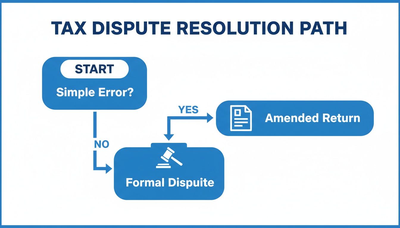 Flowchart illustrating the tax dispute resolution path, starting with 'Simple Error?' decision.