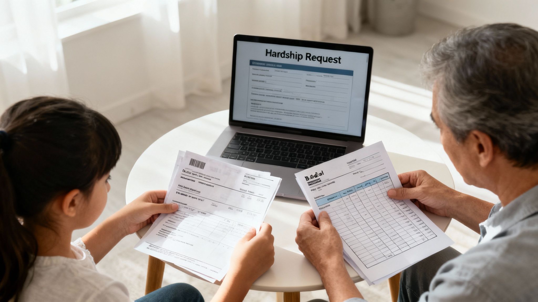 Grandfather and granddaughter review financial documents while looking at a hardship request form on a laptop.