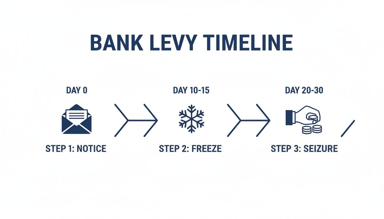 A timeline illustrating the three steps of a bank levy process: Notice, Freeze, and Seizure.