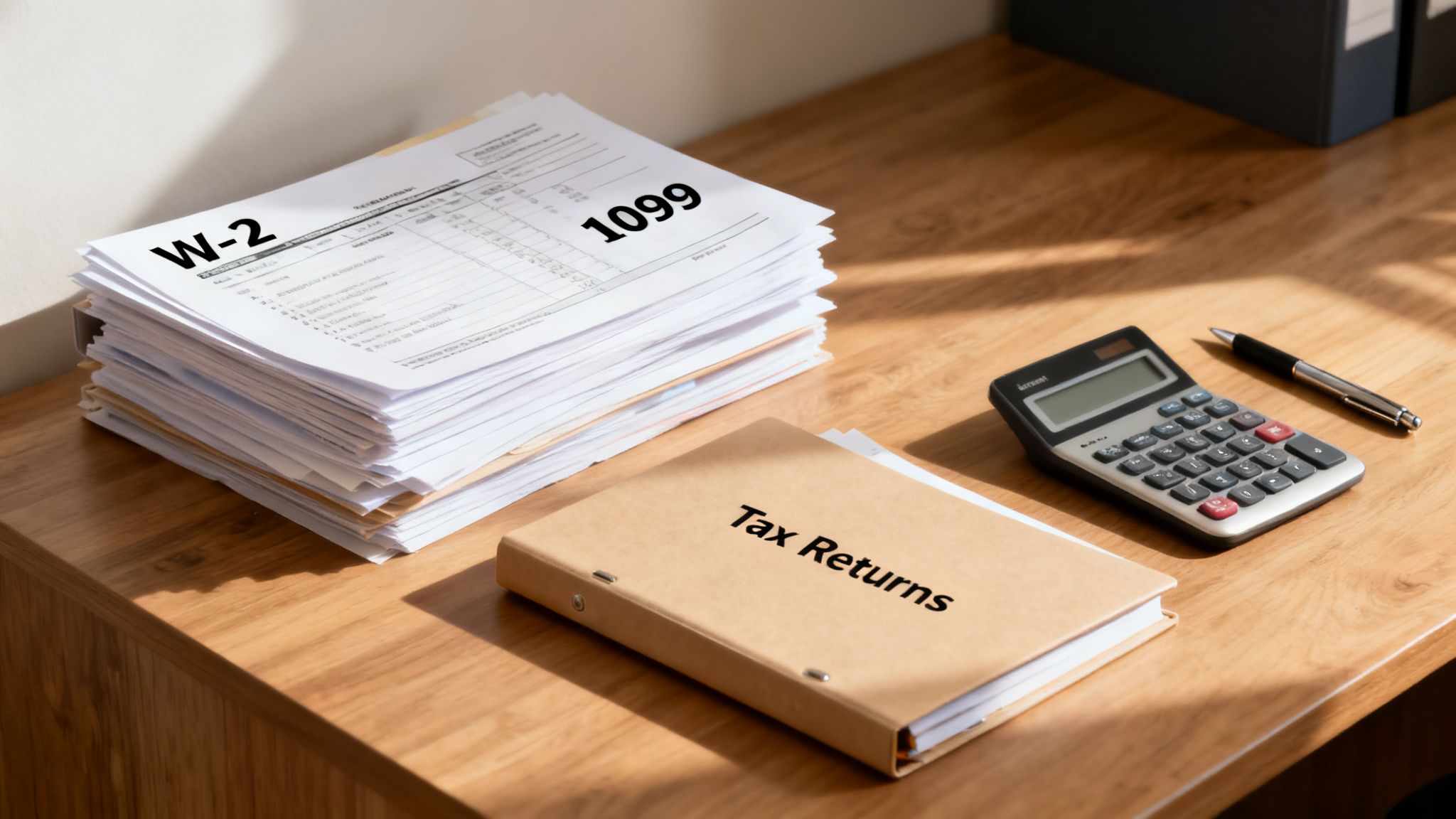 Stack of W-2 and 1099 tax forms, a "Tax Returns" binder, calculator, and pen on a wooden desk.