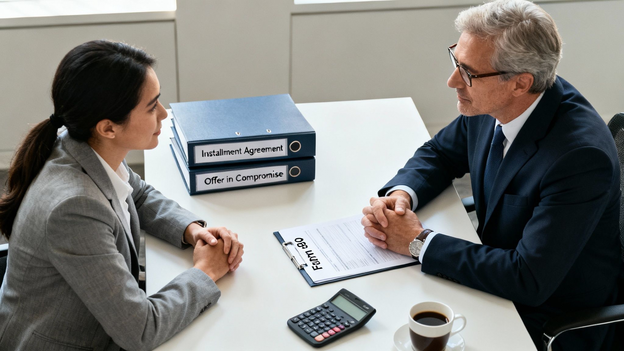 A woman and a man discuss financial documents, including an installment agreement and tax forms, at a desk.