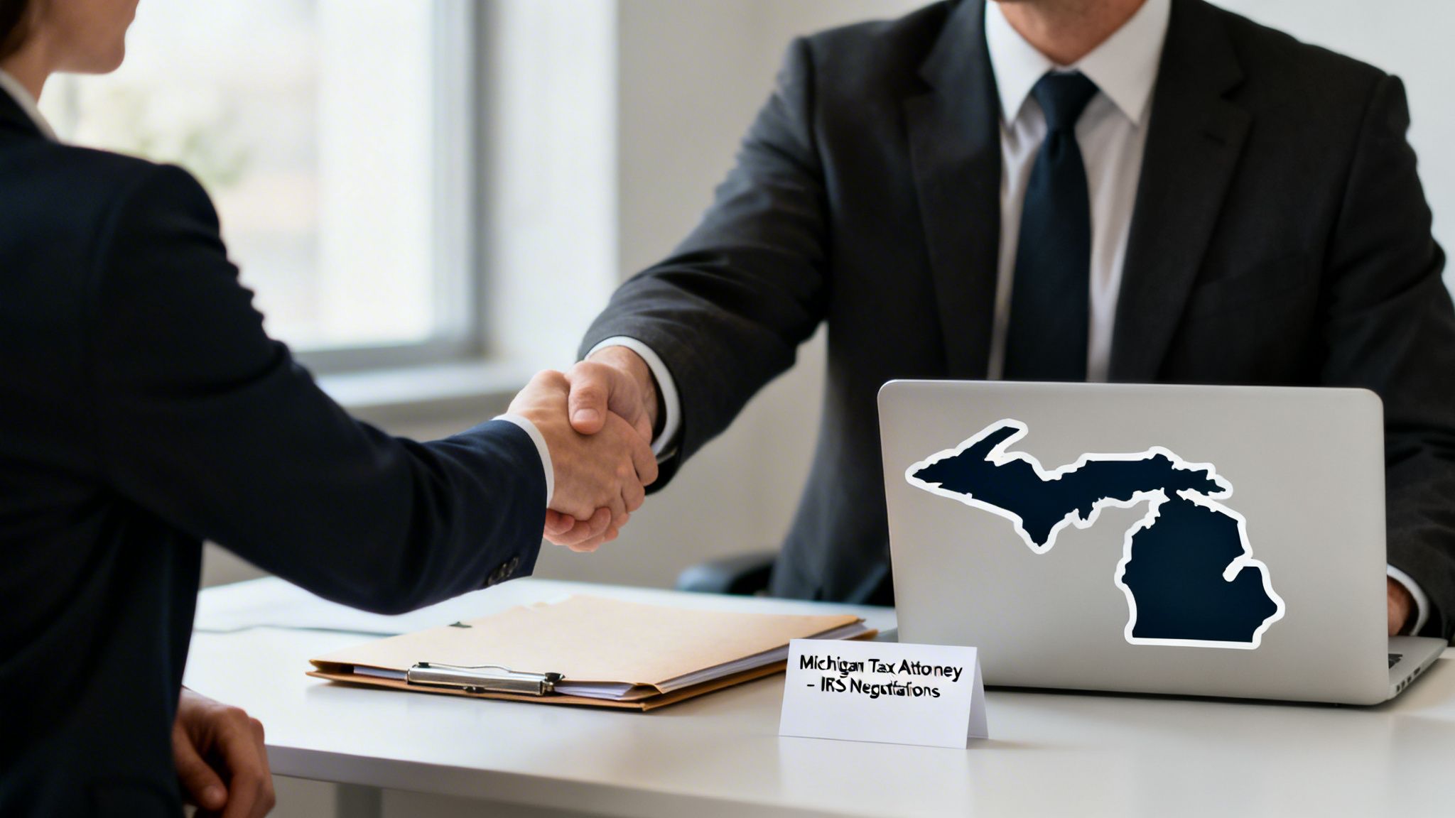 Two professionals in suits shaking hands across a desk with a laptop displaying a Michigan map sticker and a sign for a tax attorney.
