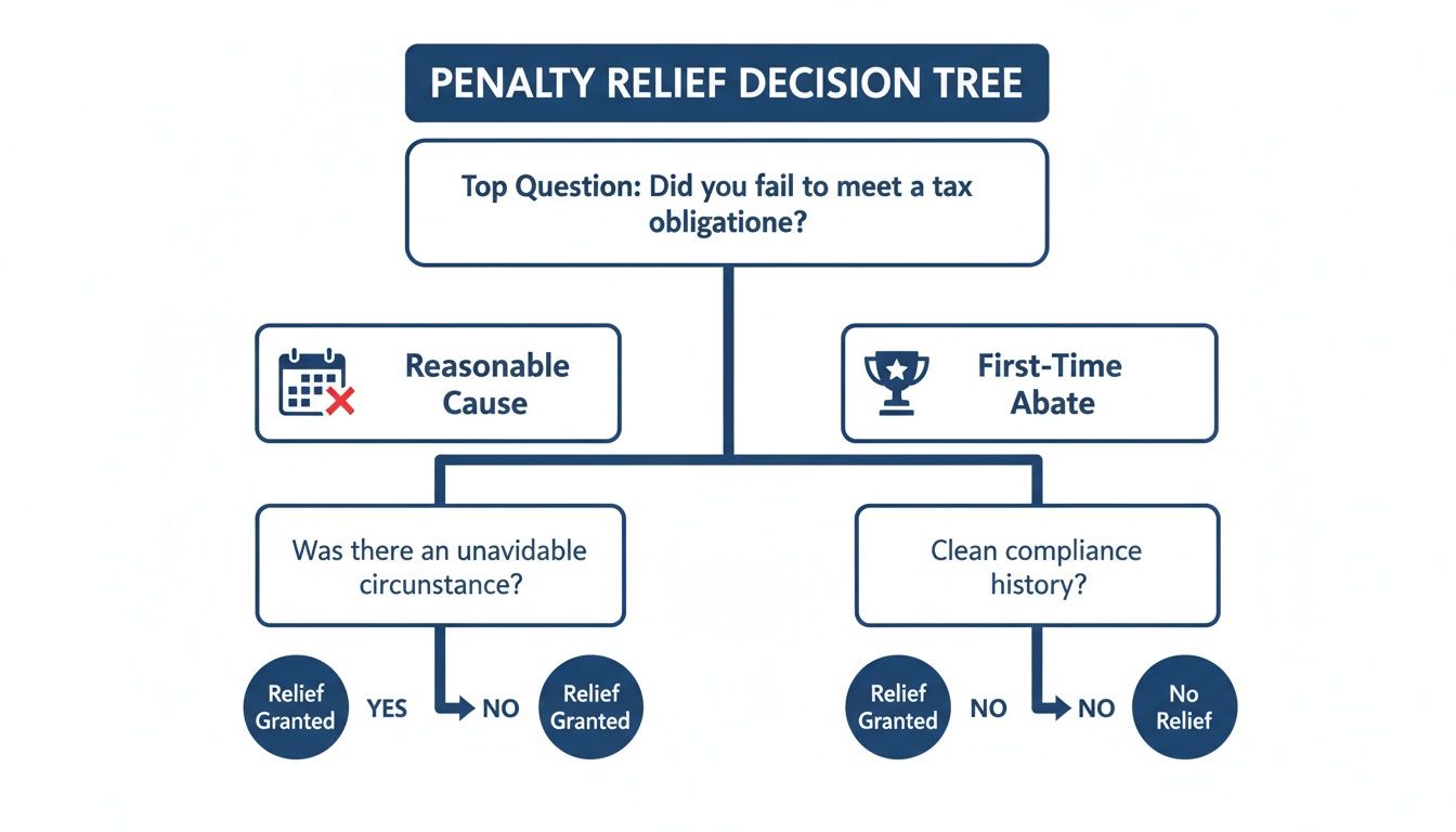 A decision tree flowchart for penalty relief, detailing conditions for Reasonable Cause and First-Time Abate.