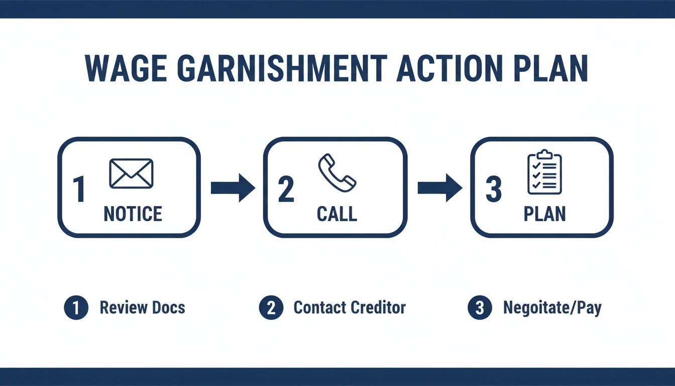 Infographic detailing a three-step wage garnishment action plan with notice, call, and plan phases.