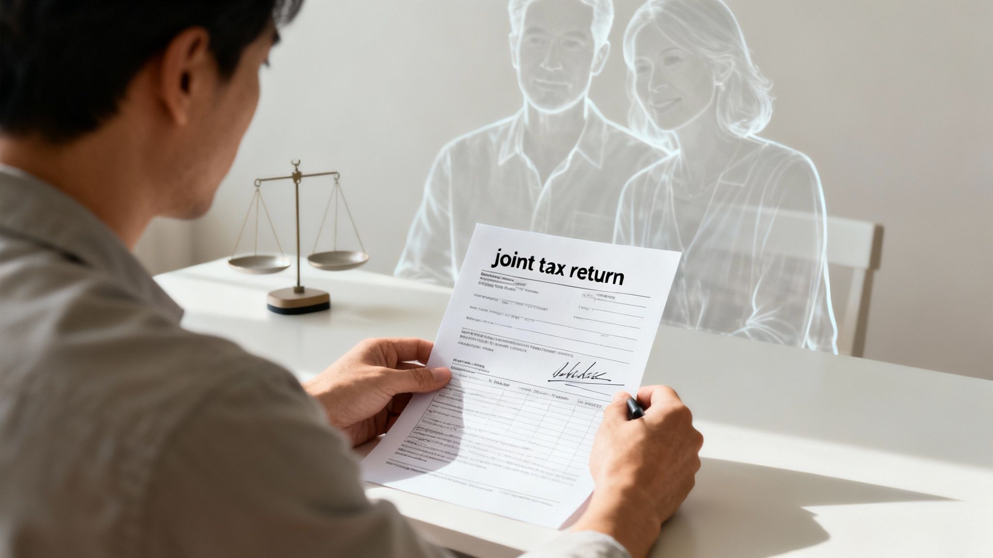 Man reviewing and signing a joint tax return form, with translucent figures of a couple and scales of justice.