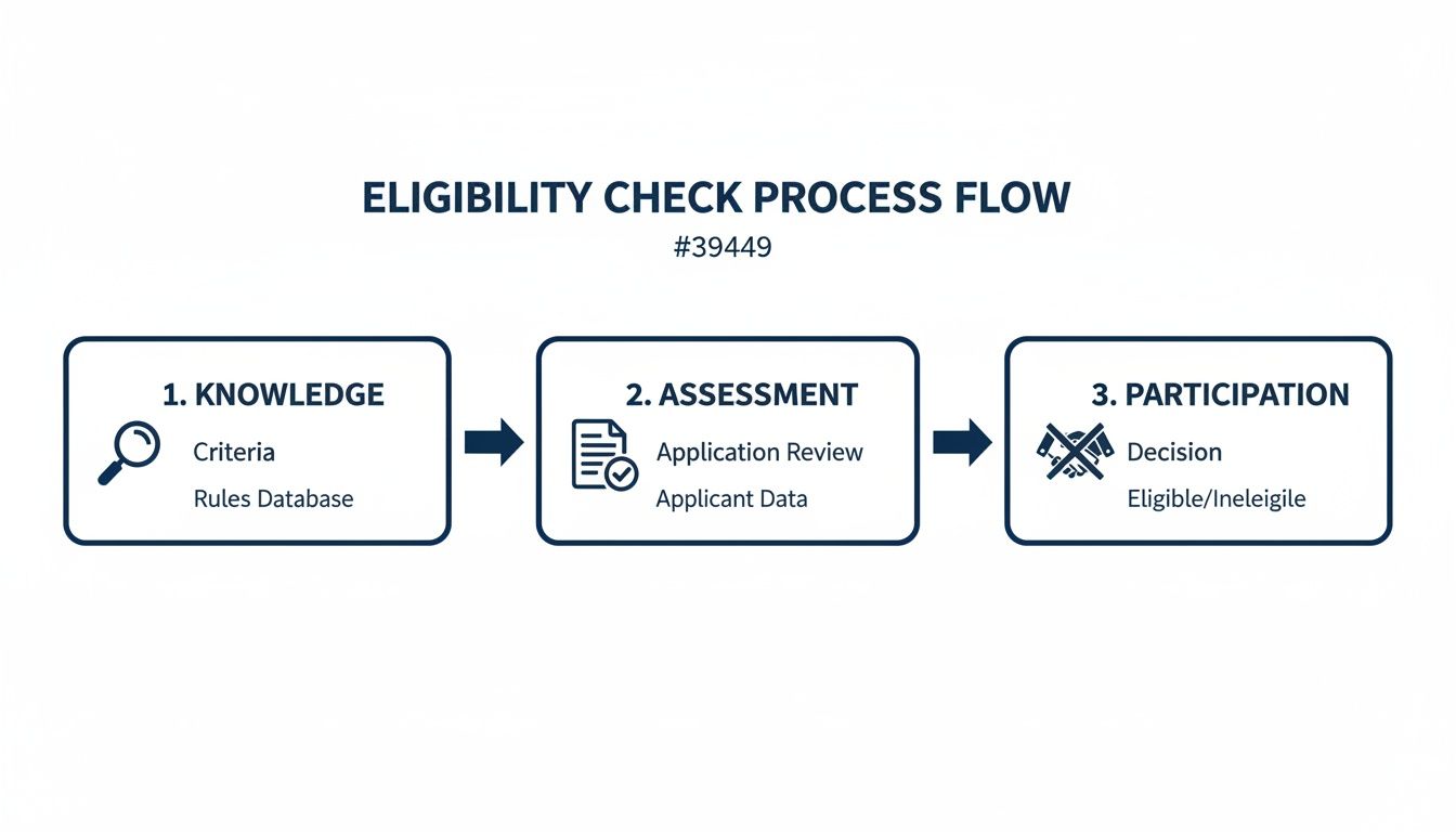 A three-step eligibility check process flow diagram showing knowledge, assessment, and participation.