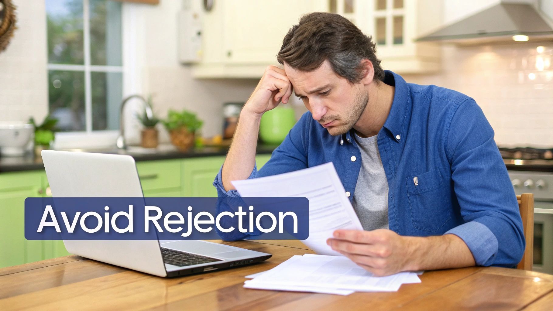 A man looks stressed reading documents at a kitchen table, with a laptop nearby.
