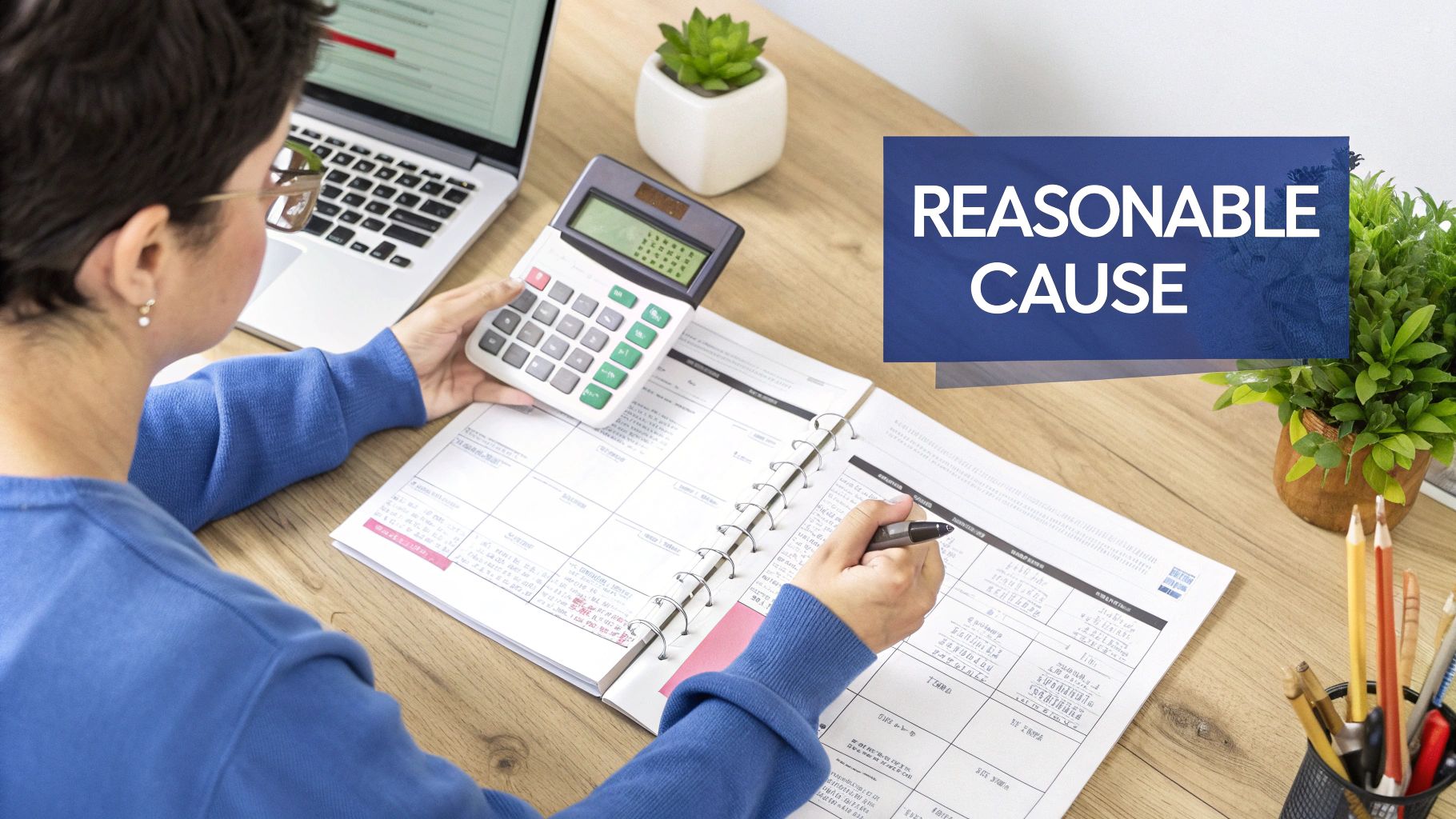 A person works on financial documents with a calculator and laptop, featuring a "REASONABLE CAUSE" text.