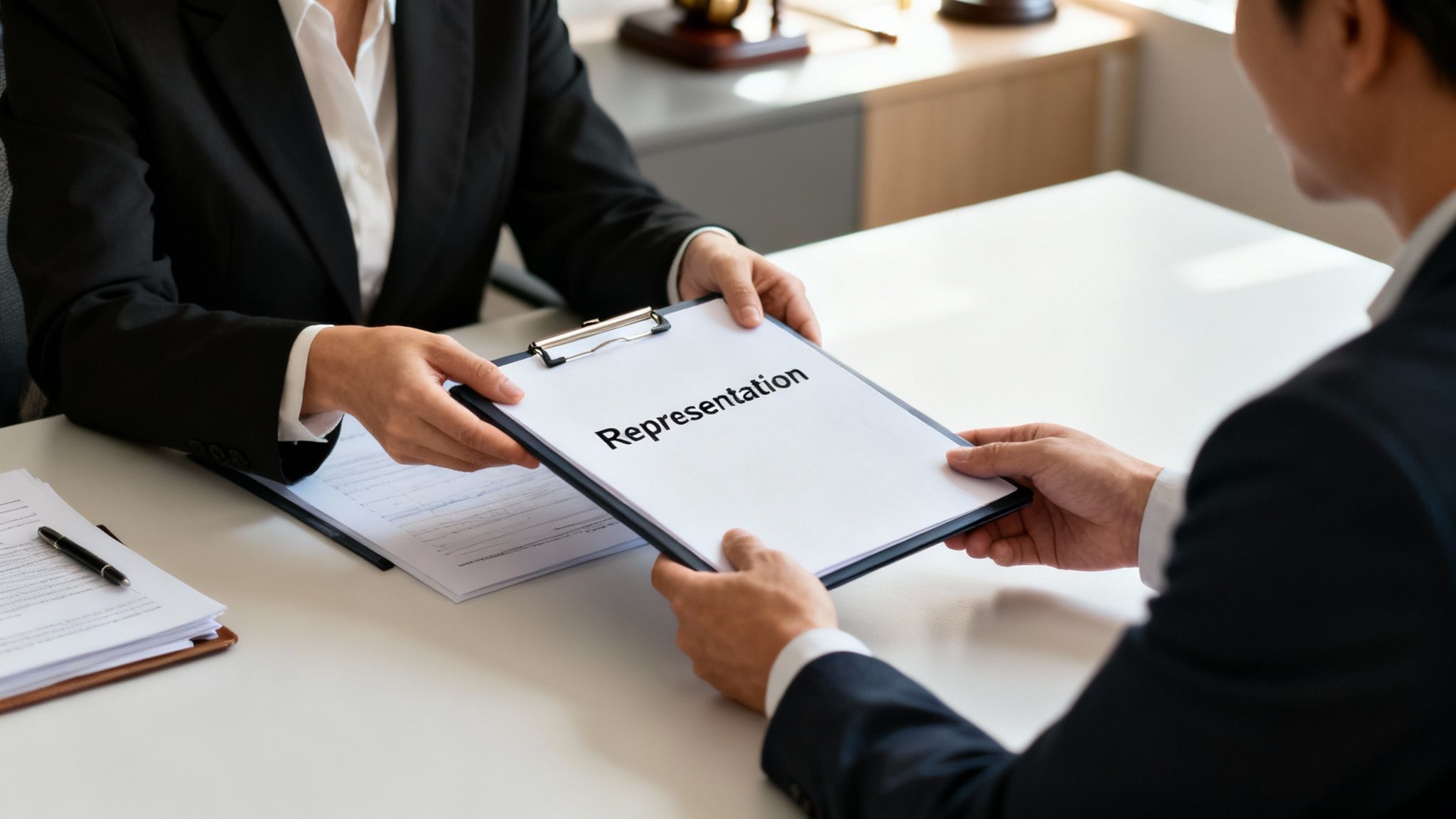 A lawyer hands a client a document titled 'Representation' over a desk in a professional legal setting.
