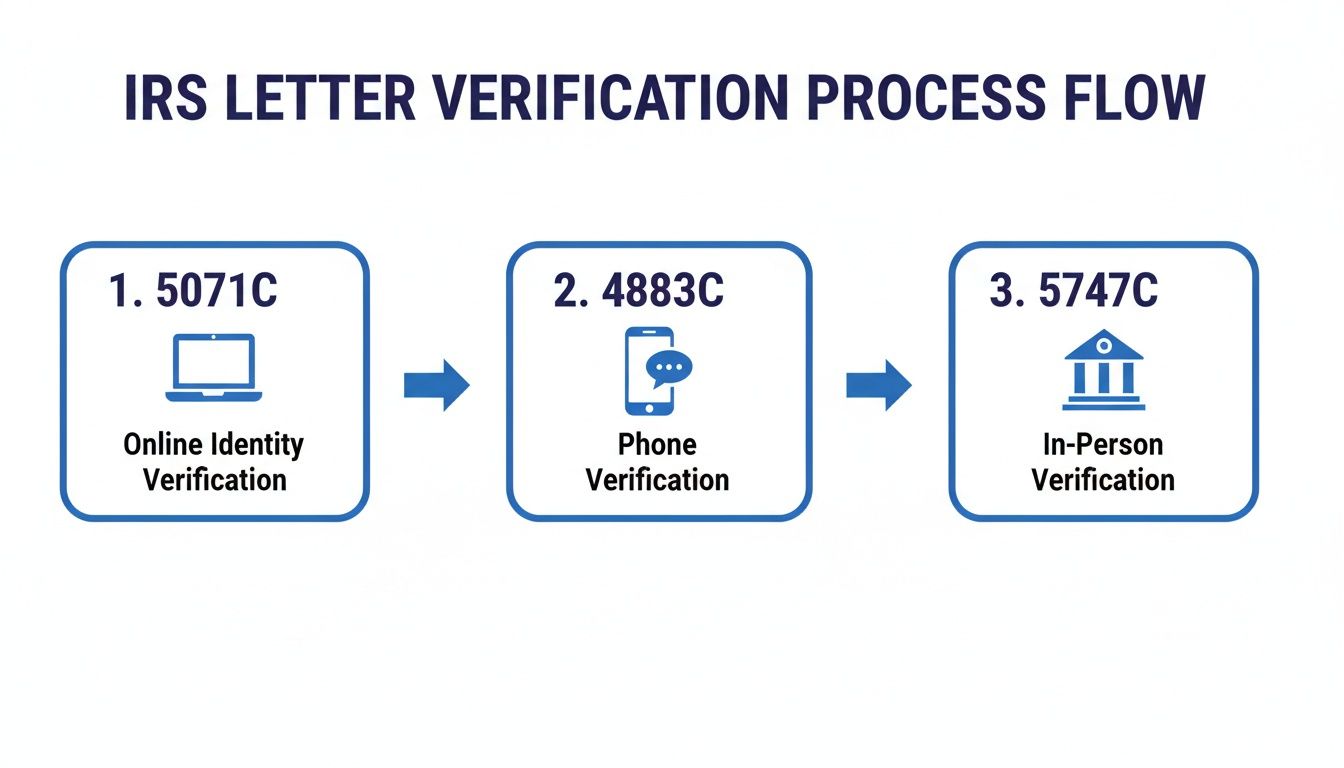 Flowchart illustrating the IRS letter verification process with online, phone, and in-person steps.