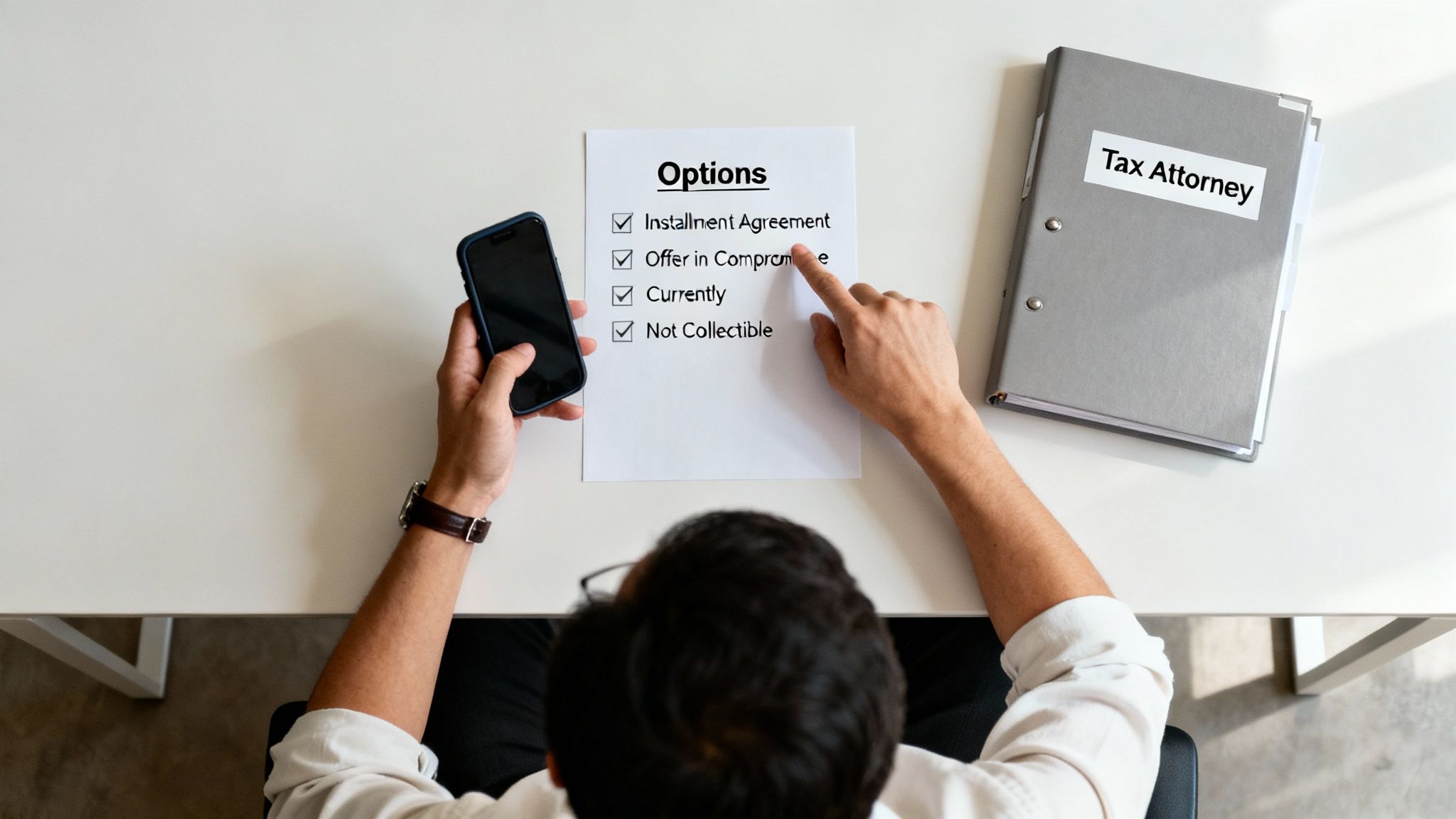 Overhead shot of a person at a desk reviewing tax options with a tax attorney binder.