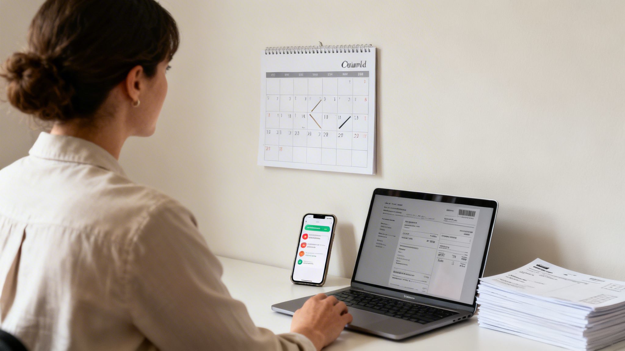 A person works at a desk with a laptop, smartphone, calendar, and stack of papers.