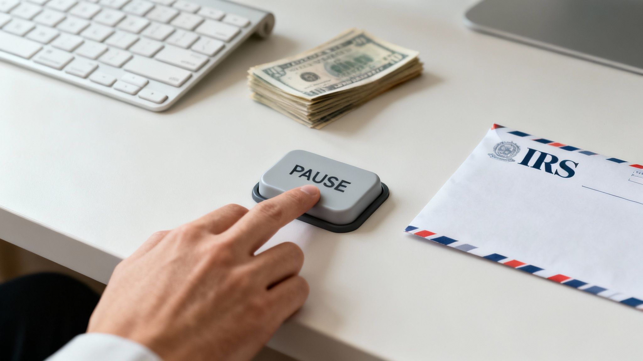 A hand presses a 'PAUSE' button next to an IRS envelope, money, and a keyboard on a white desk.