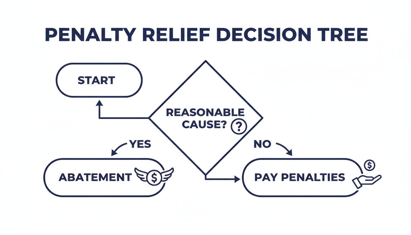 A flowchart illustrates a penalty relief decision tree, guiding on reasonable cause for abatement or paying penalties.