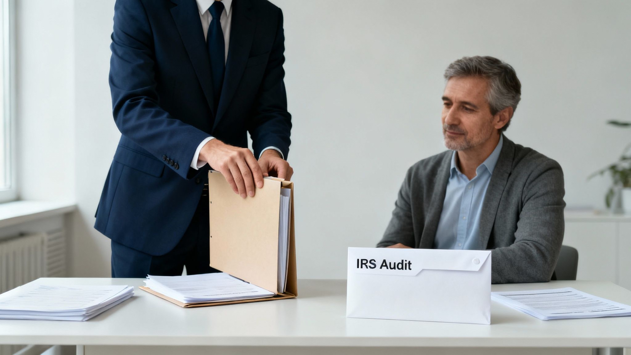 A tax professional assists a client with documents during an IRS audit at an office desk.