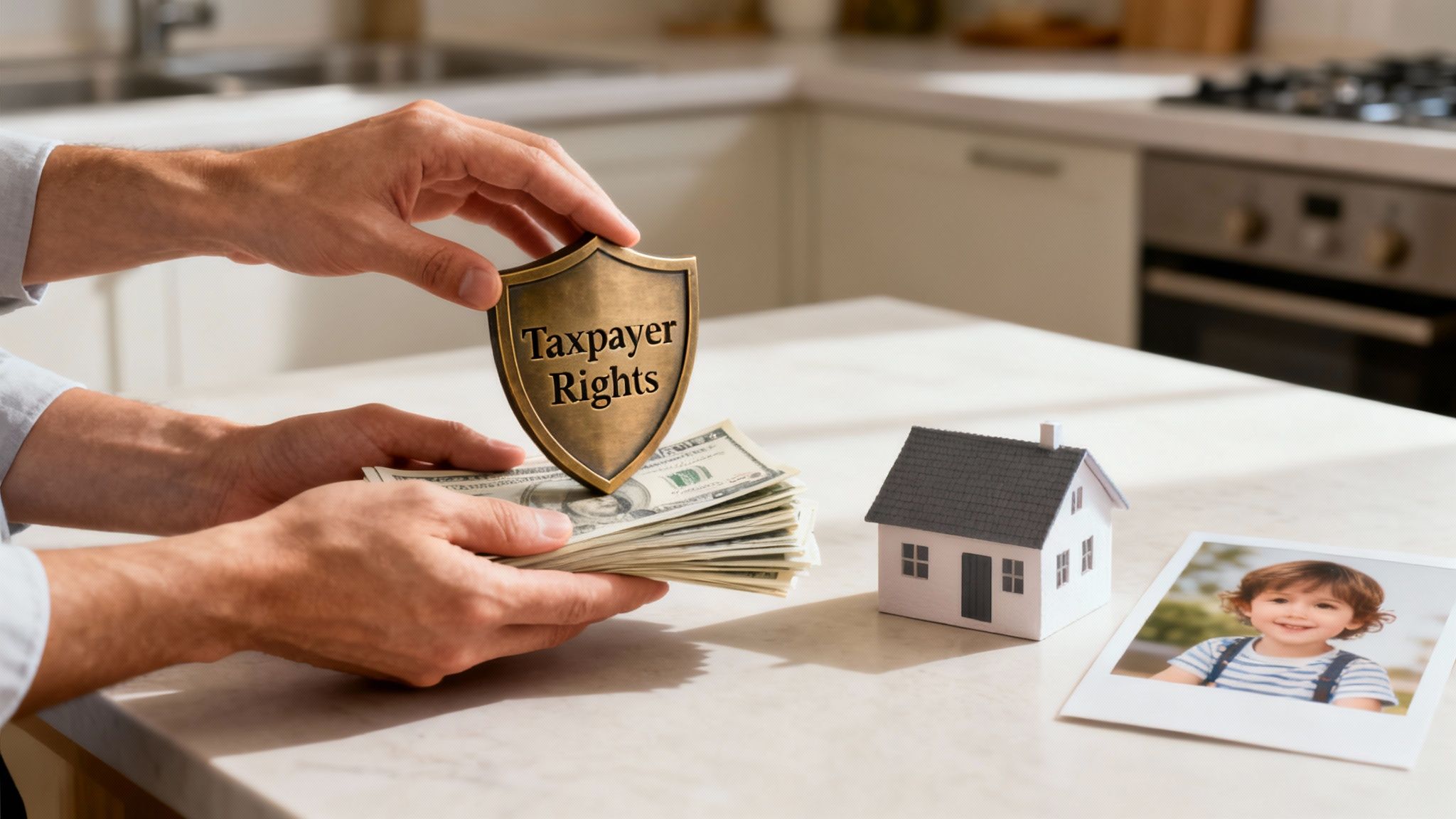 Hands hold money and a 'Taxpayer Rights' shield next to a miniature house and child's photo.