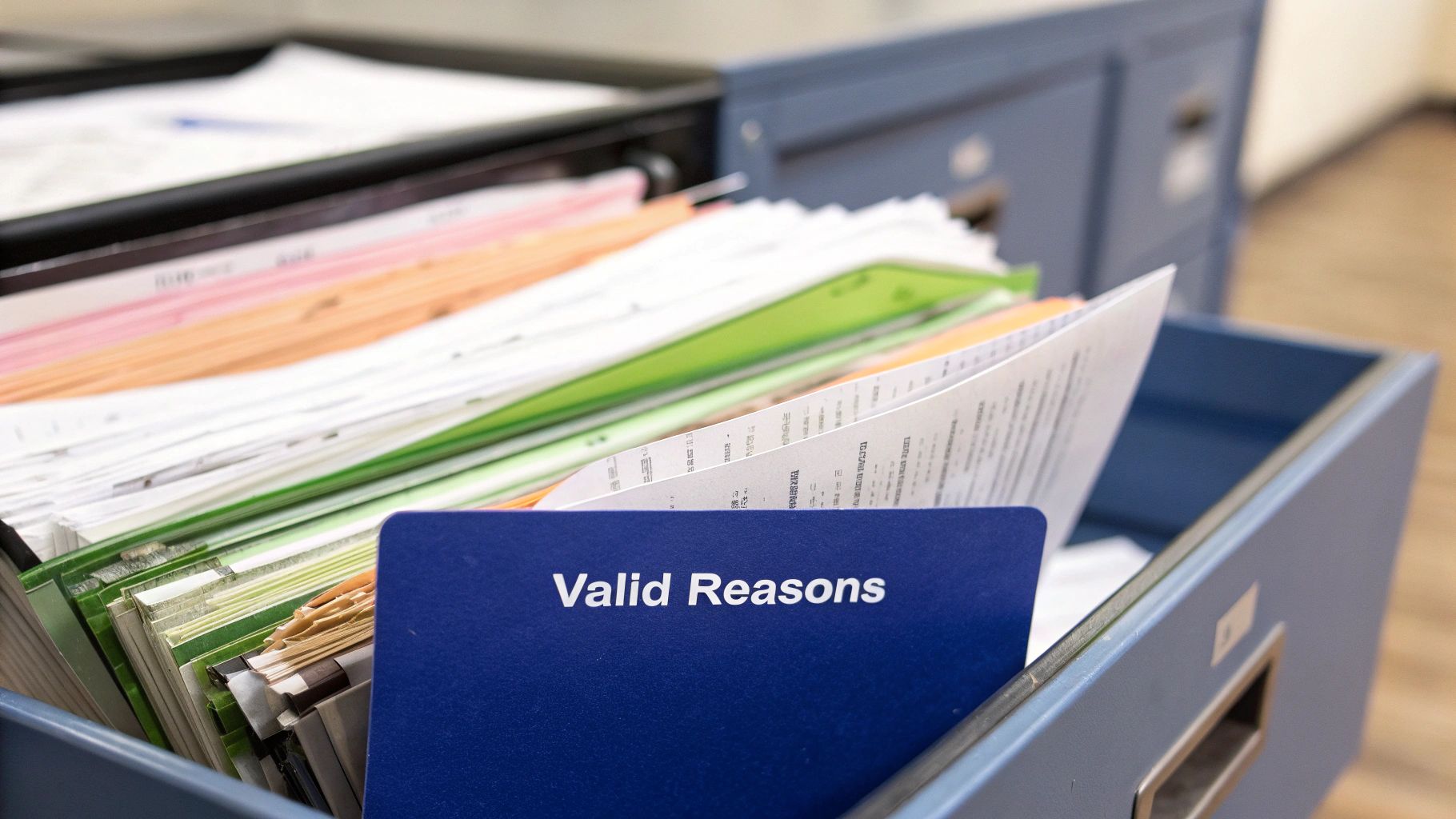 Close-up of a filing cabinet drawer filled with colorful folders and documents, with a blue tab reading 'Valid Reasons'.