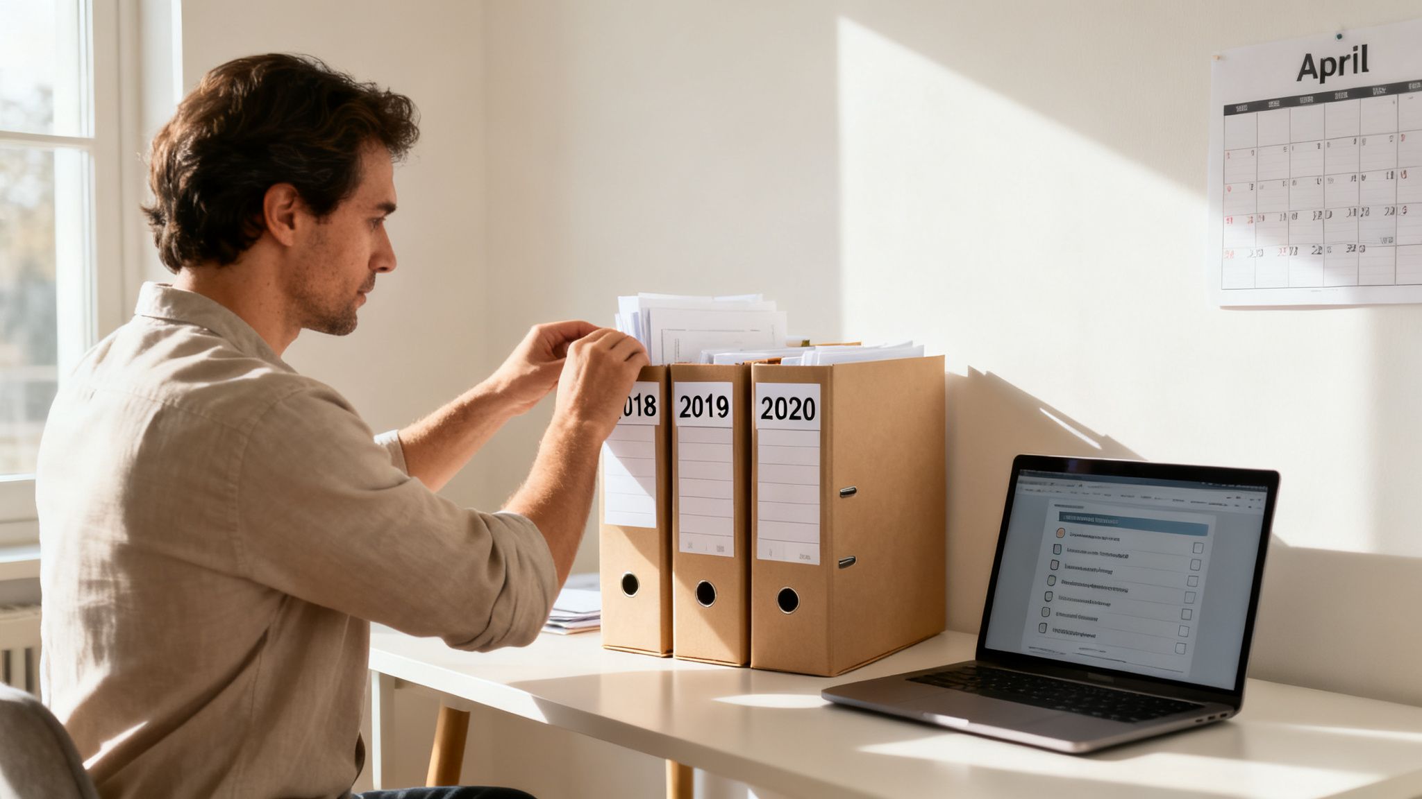 A man organizes historical documents into binders labeled 2018, 2019, and 2020 at a desk.