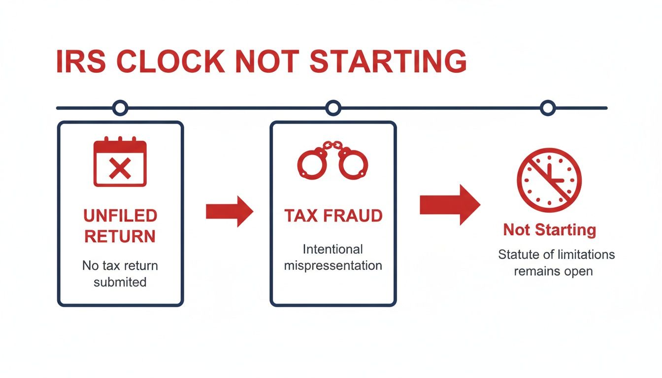 Flowchart illustrating how the IRS statute of limitations does not start for unfiled returns or tax fraud.