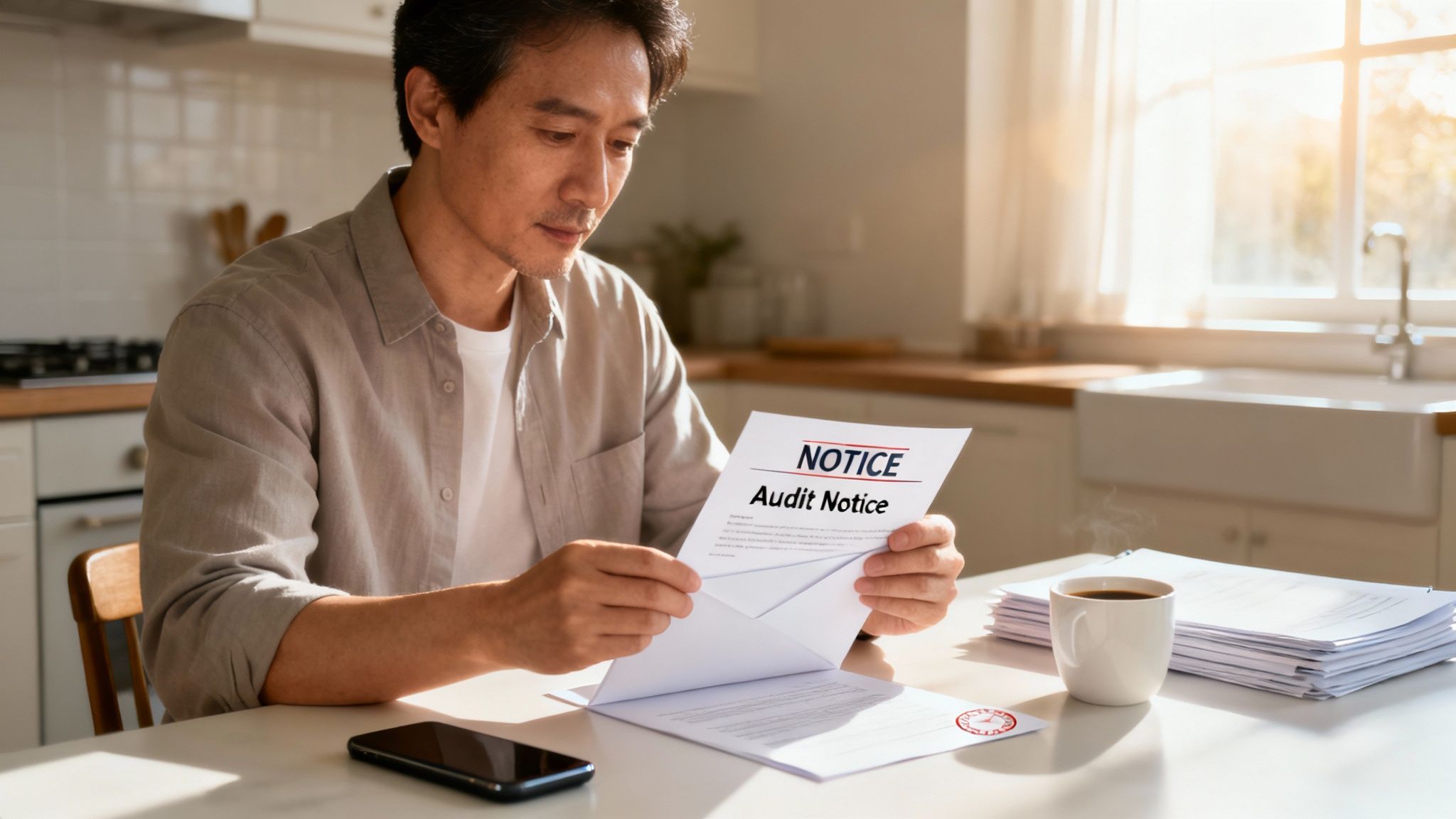 Asian man seriously reading an 'Audit Notice' letter at a table with coffee and papers at home.