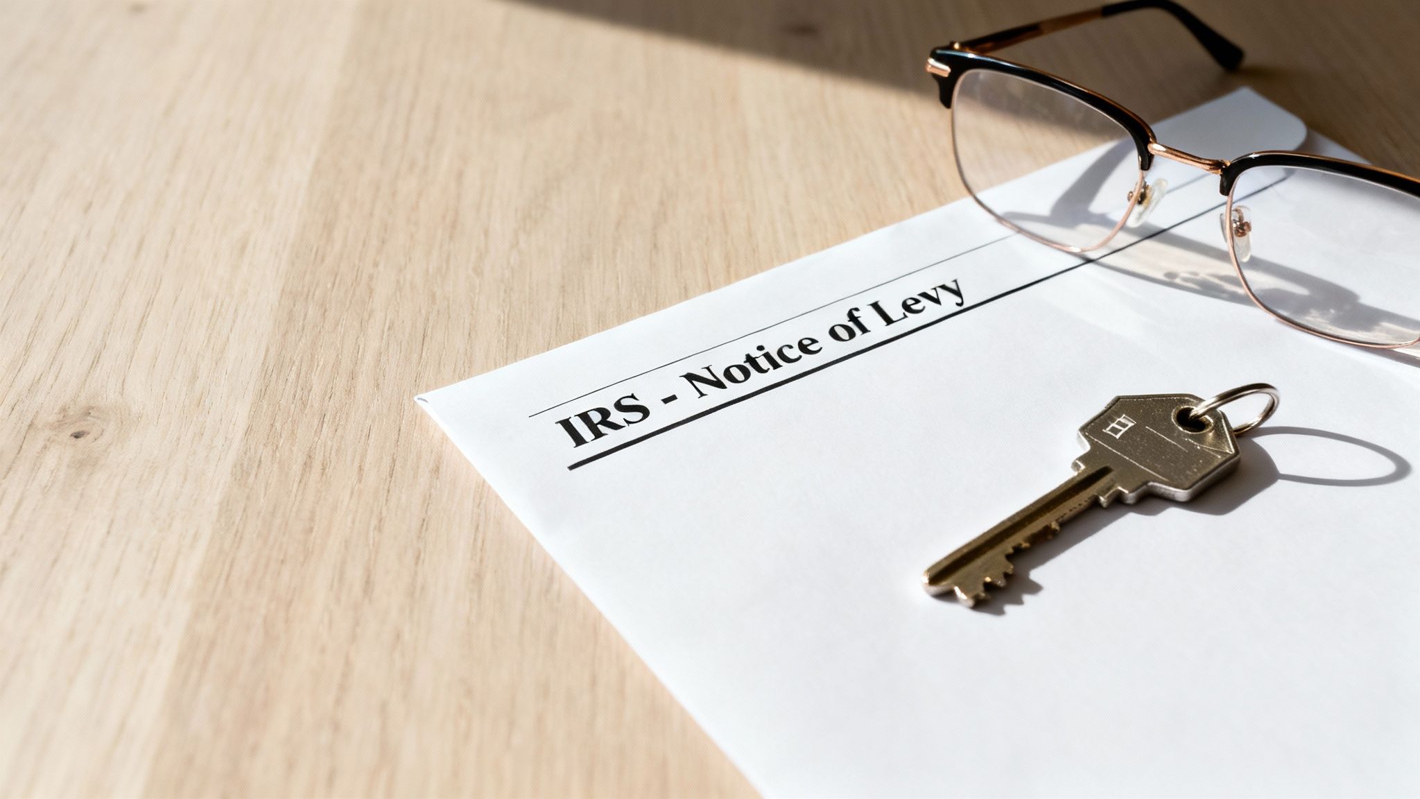 An IRS Notice of Levy document with a house key and eyeglasses resting on a light wooden table.
