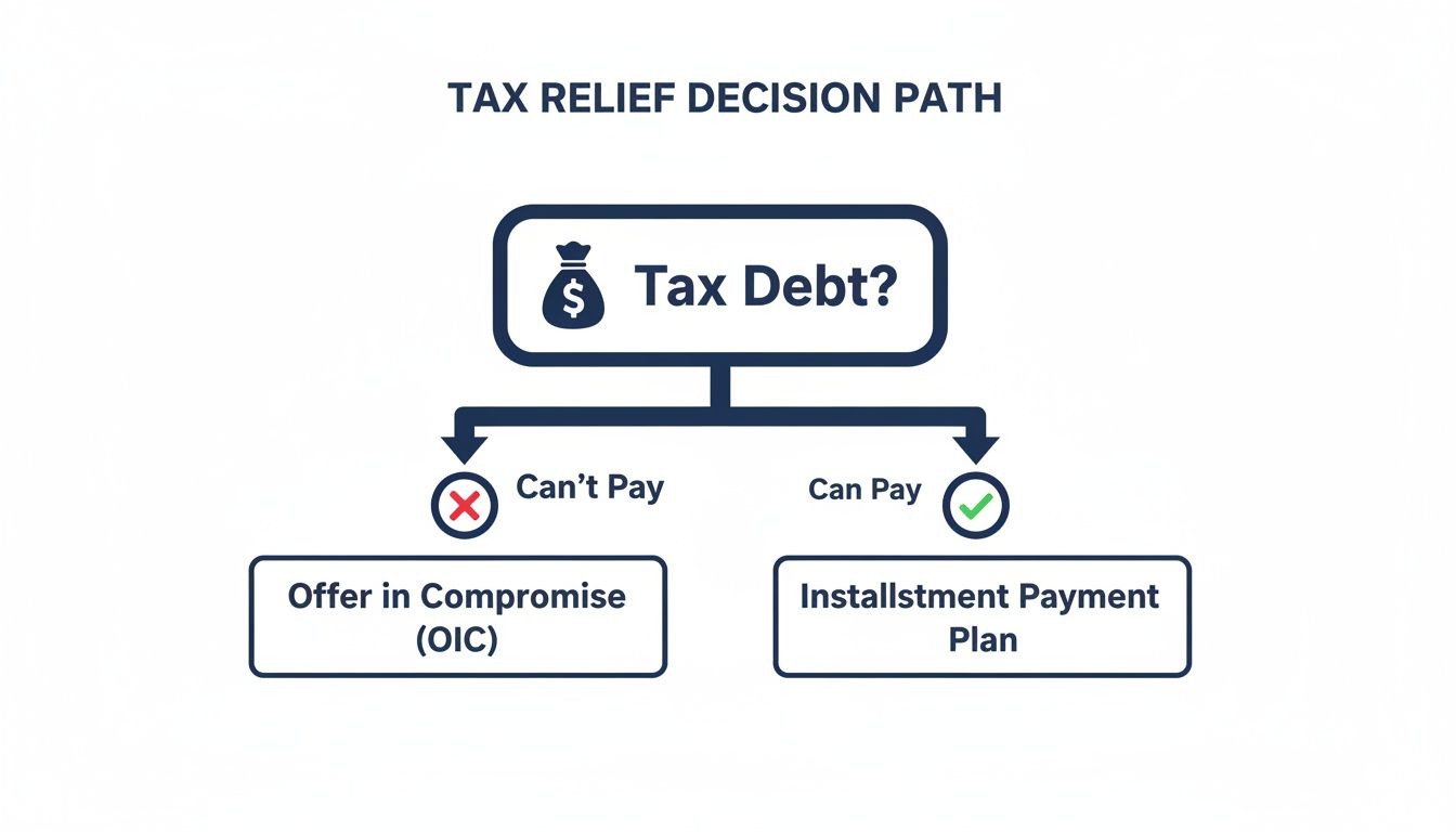 A decision path flowchart for tax relief, outlining options like Offer in Compromise or Installment Payment Plan.