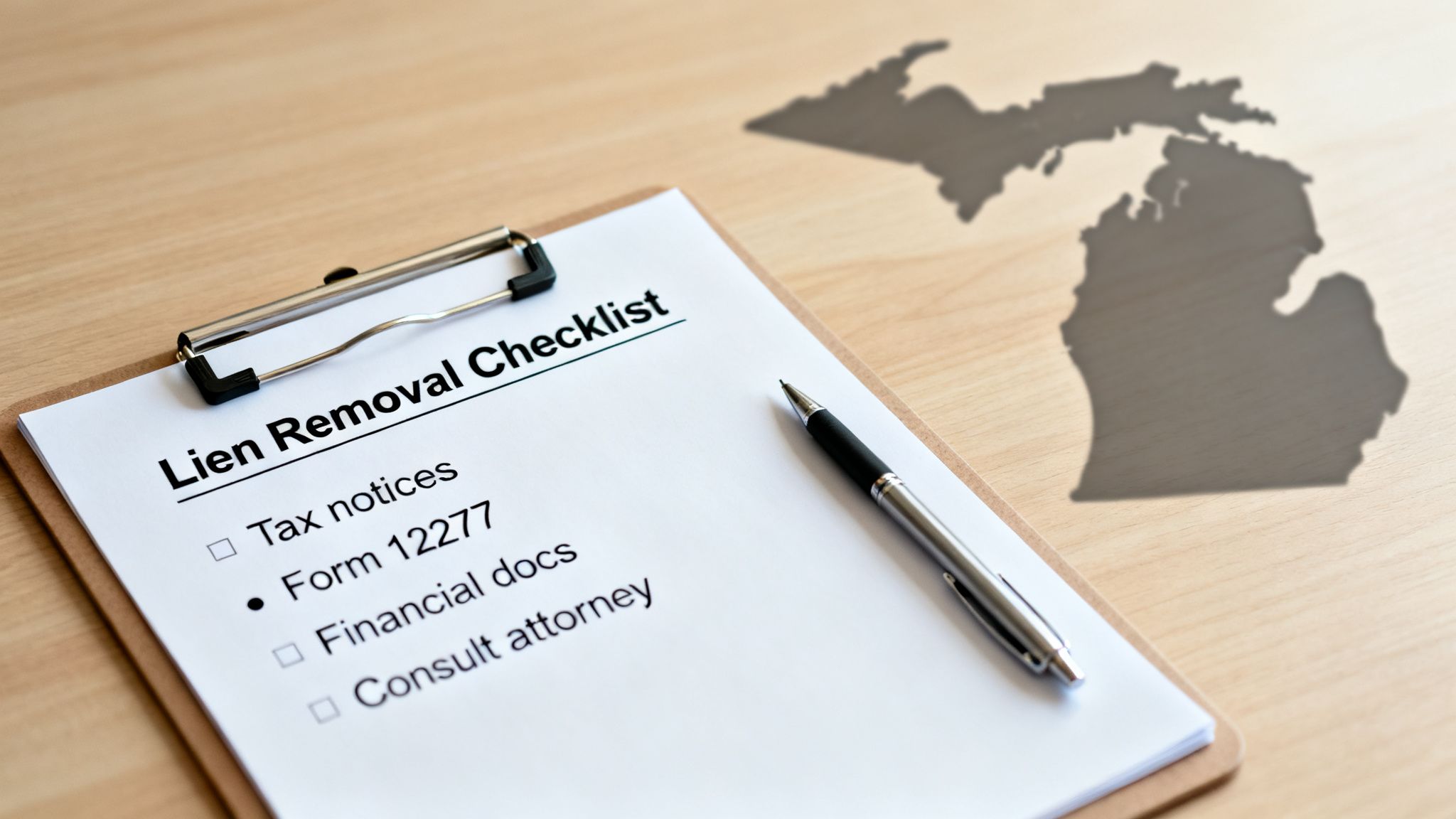 A 'Lien Removal Checklist' on a clipboard with a pen, featuring a Michigan state shadow.