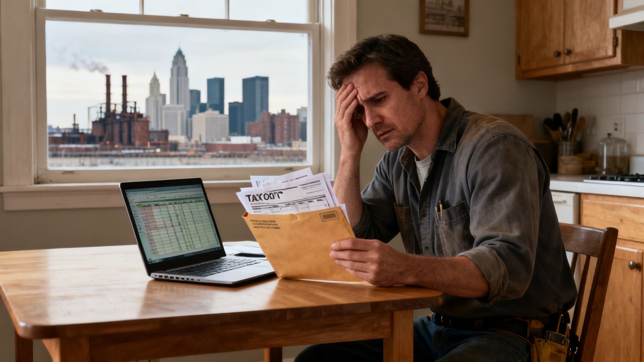 A distressed man reviews tax documents and a spreadsheet on a laptop, with a city skyline outside.
