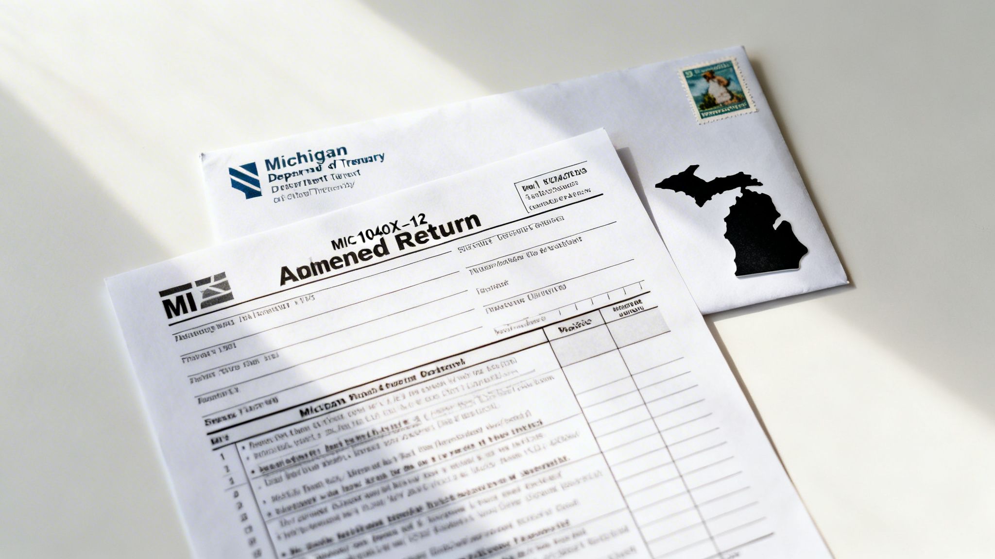 Michigan tax form MIC 1040X-12 Amended Return and an envelope with a Michigan map.
