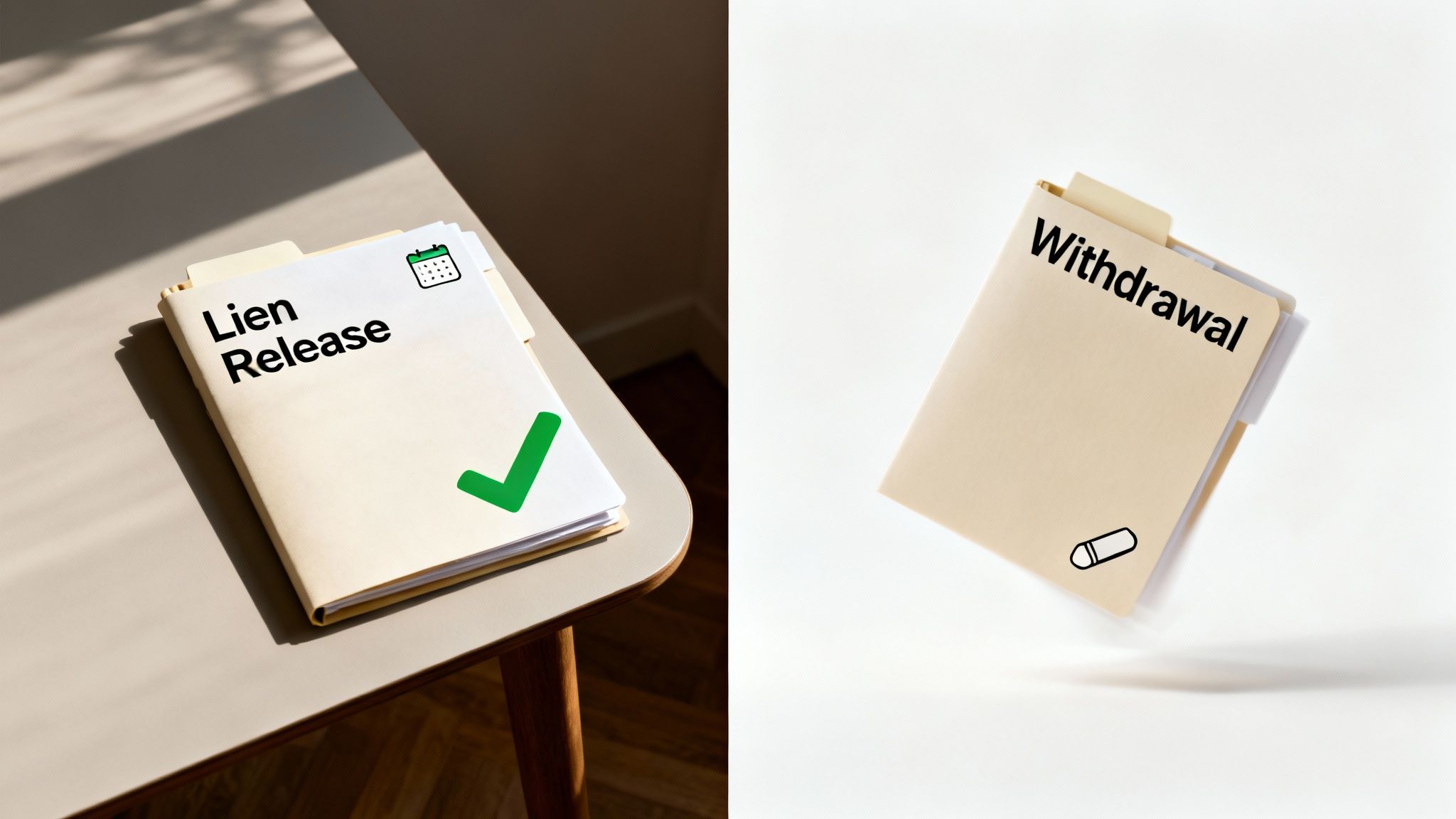 Two manila folders: one labeled 'Lien Release' with a checkmark, the other 'Withdrawal' with a pill.