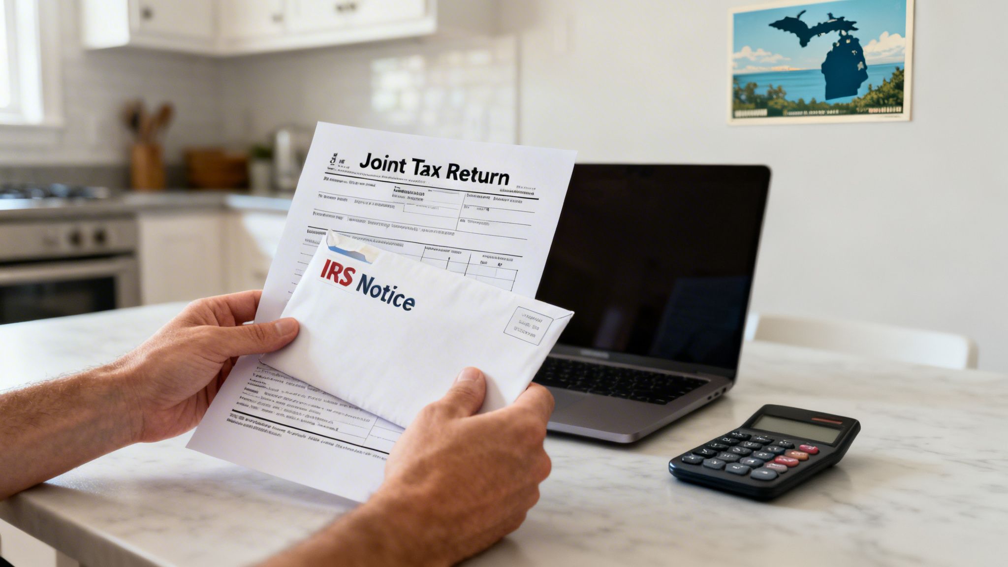 Hands hold a joint tax return form and an IRS notice envelope on a table with a laptop.